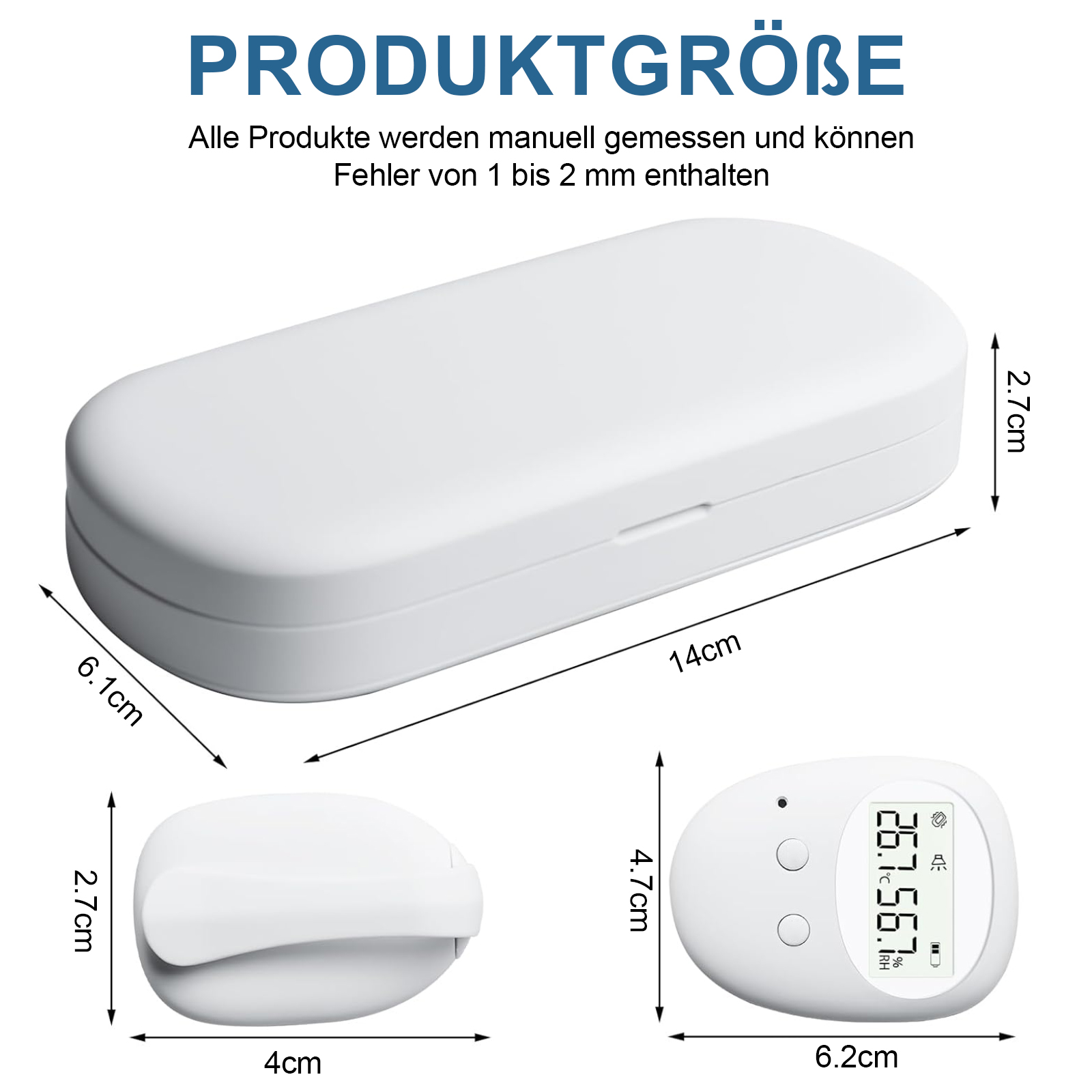 Weißes Produktset, einschließlich eines großen rechteckigen Gehäuses, eines kleinen abgerundeten Gehäuses und eines Digitalanzeigegeräts.