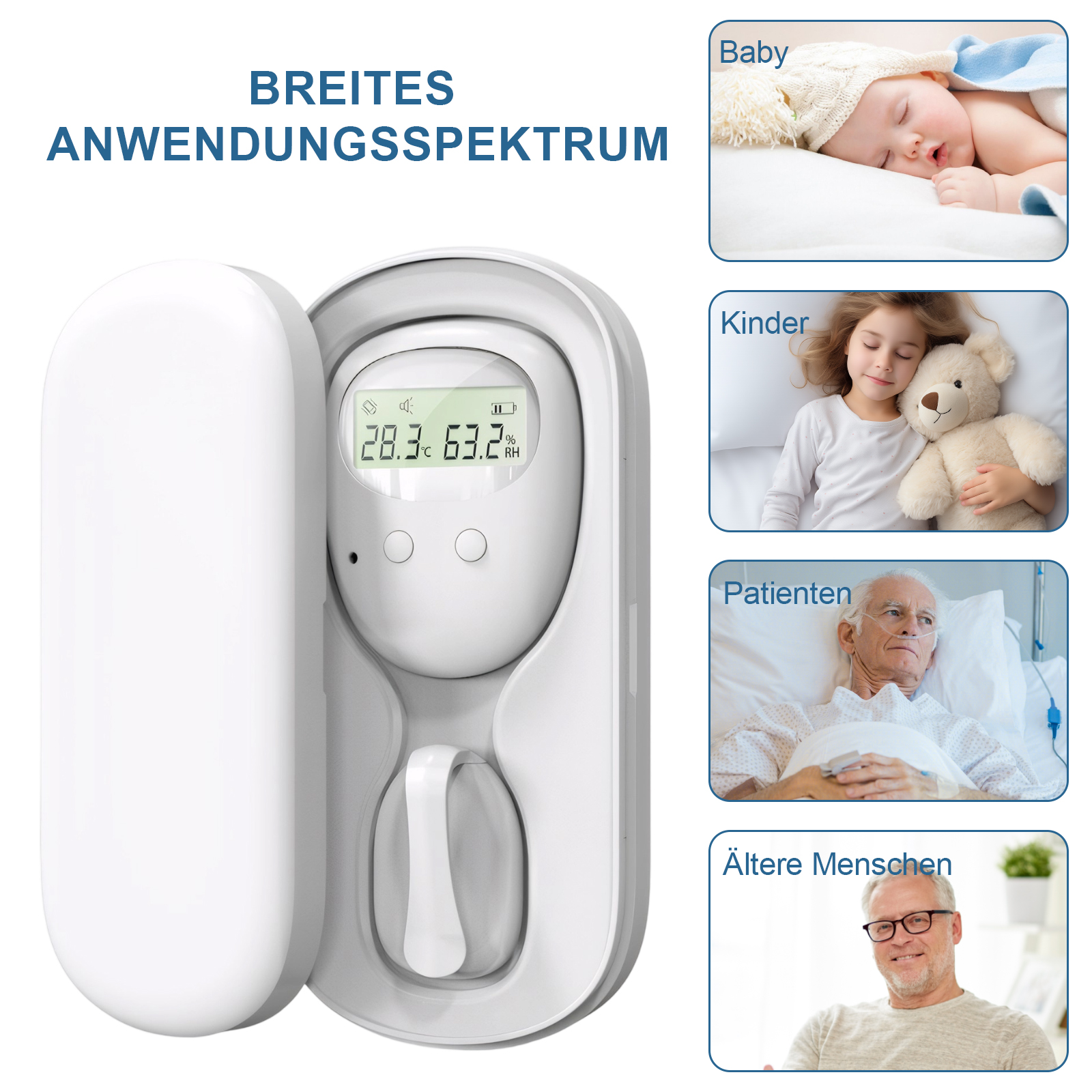 Ein weißes Gerät zeigt Temperatur und Luftfeuchtigkeit an. Bilder zeigen ein Baby, ein Kind, einen Patienten und einen älteren Menschen.
