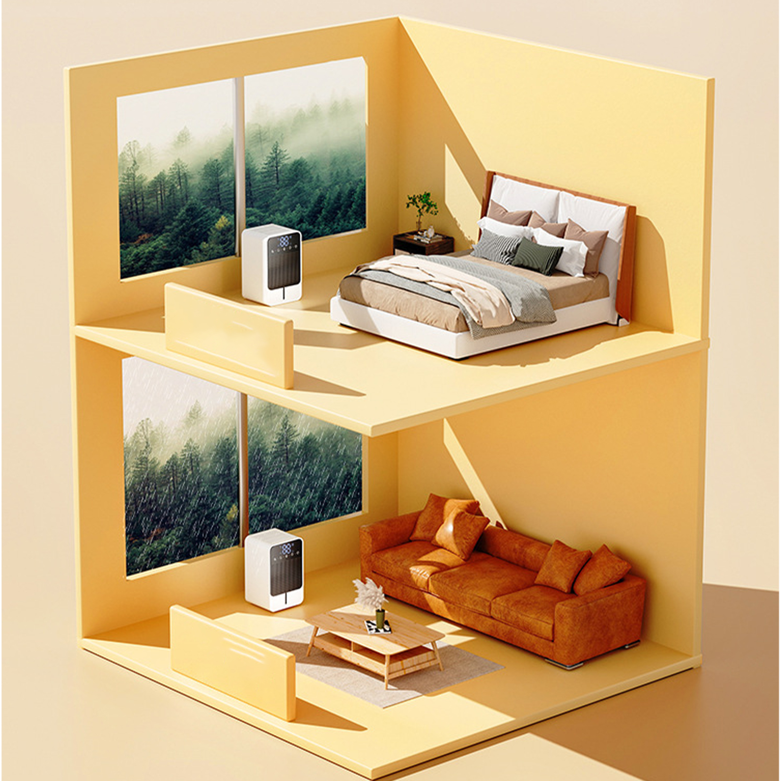 Ein zweistöckiges gelbes Hausmodell mit Bett und Couch, einer Waldszene vor jedem Fenster und einem Heizgerät.