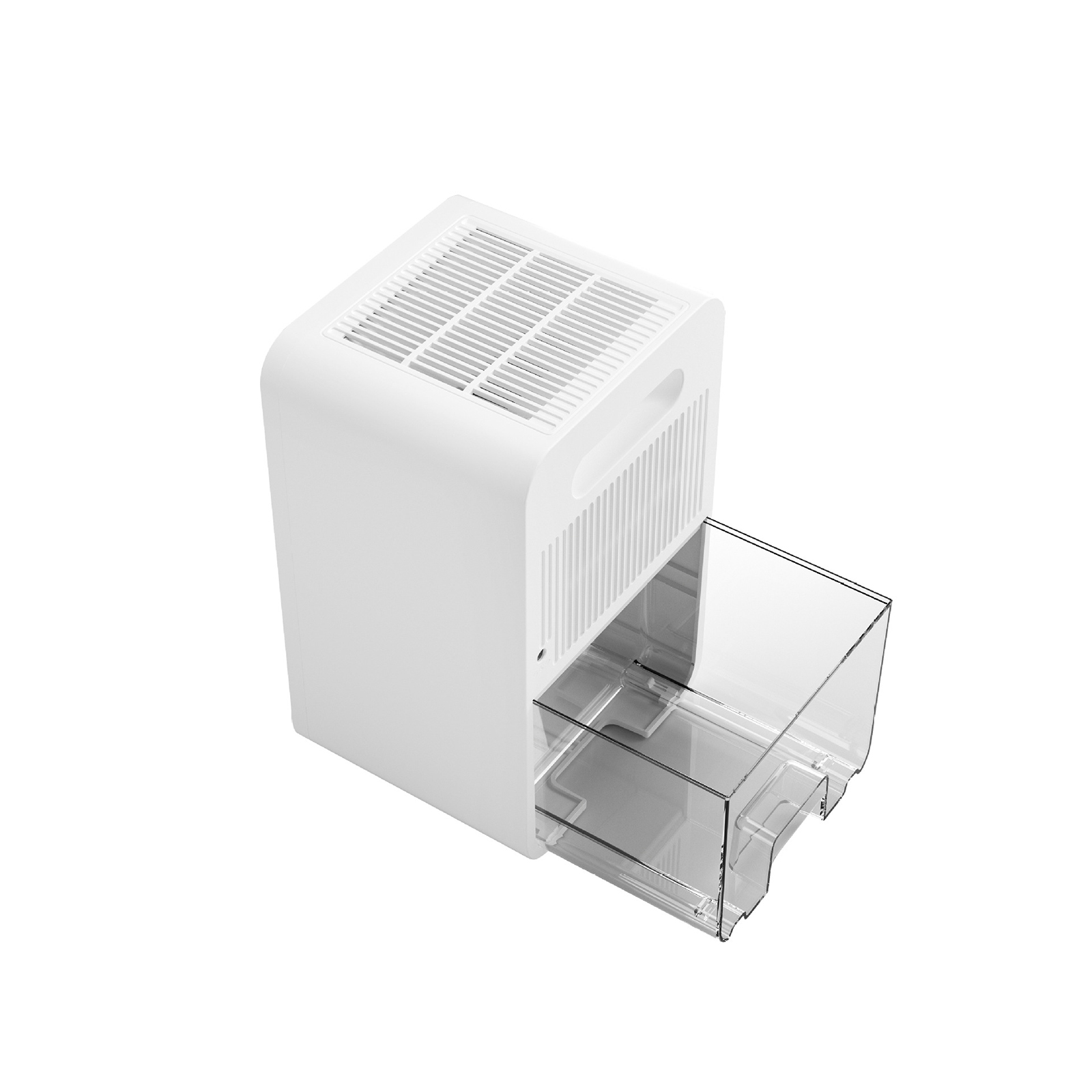 Ein weißer Luftentfeuchter mit einem transparenten Wassertank wird gezeigt. Die Oberseite hat Belüftungsöffnungen und einen Griff.
