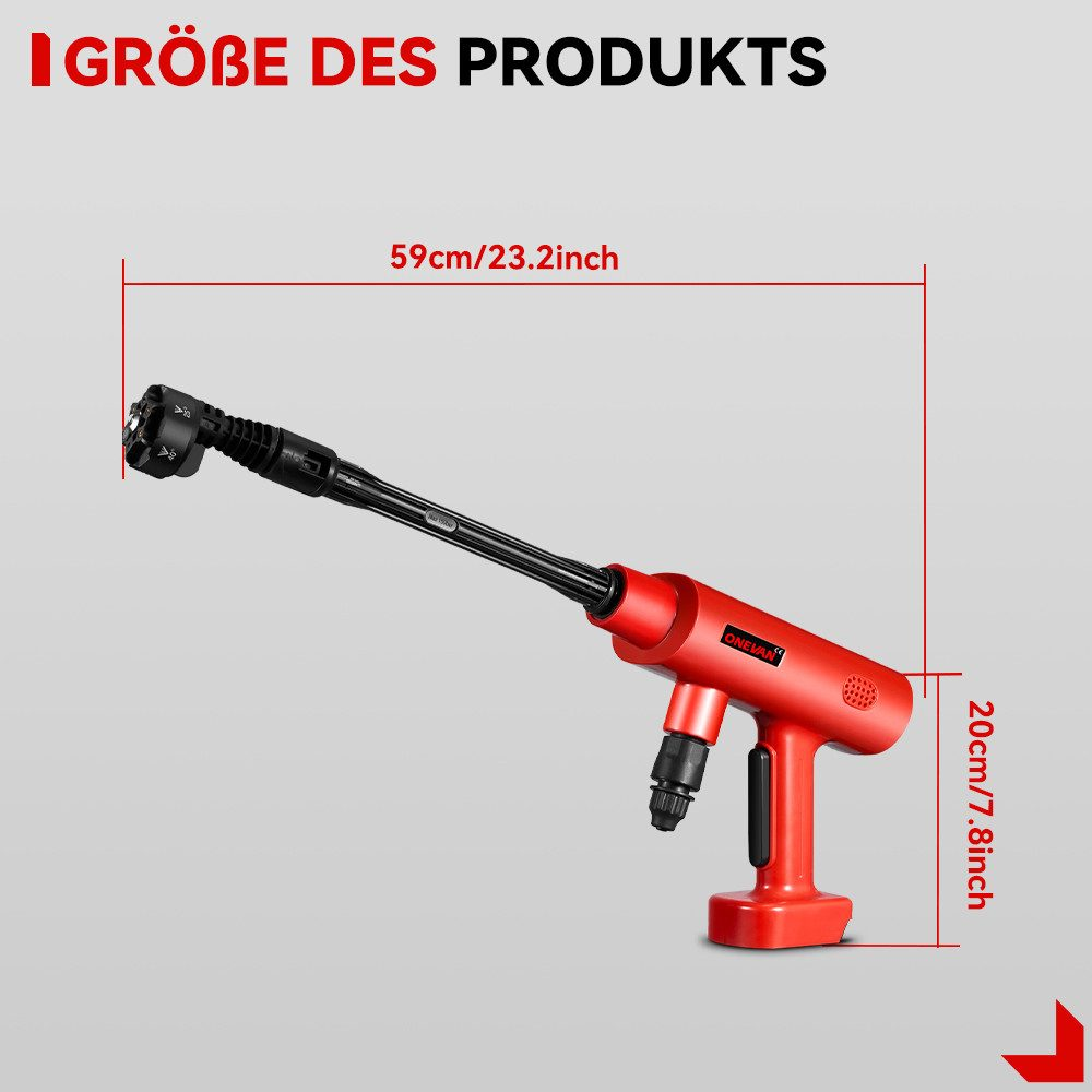 Rotes und schwarzes Elektrowerkzeug mit Maßen. Der Text lautet 'I Grösse des Produkts'. Abmessungen sind 59cm/23,2 Zoll und 20cm/7,8 Zoll.