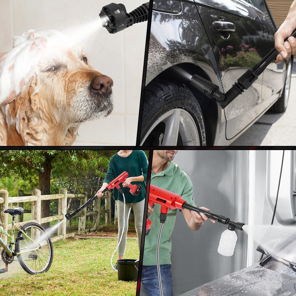 Ein Hund wird mit einem Hochdruckreiniger gewaschen. Ein Auto wird gewaschen. Eine Frau wäscht ein Fahrrad, und ein Mann reinigt ein Auto.