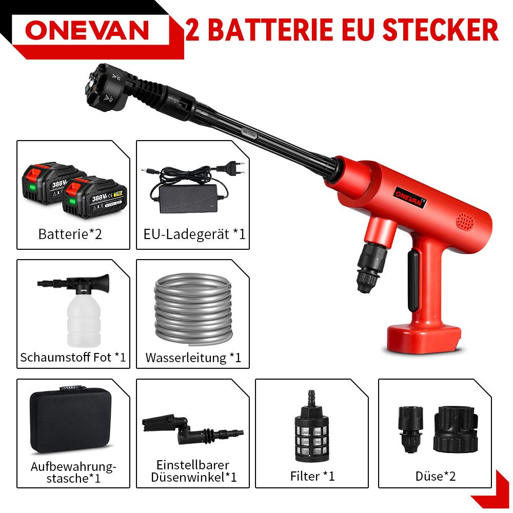 Ein roter Hochdruckreiniger mit Zubehör: Batterien, Ladegerät, Schaumflasche, Schlauch, Koffer, Winkel-Düse, Filter und Düsen.