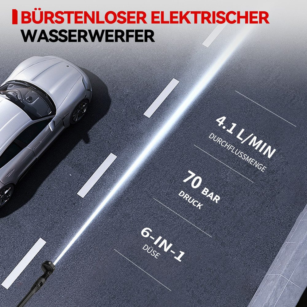 Ein silbernes Auto wird mit einem Wassersprüher gewaschen. Text zeigt 4,1 l/min, 70 bar und 6-in-1-Düse. Das Auto steht auf der Straße.