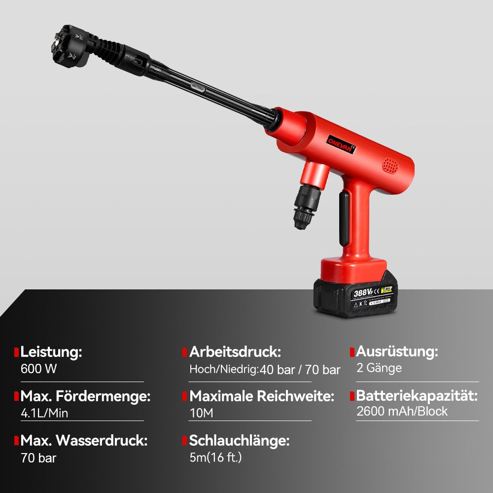 Ein rot-schwarzer Hochdruckreiniger mit unten aufgeführten Spezifikationen. Er hat eine lange Düse und eine Batterie am Sockel befestigt.