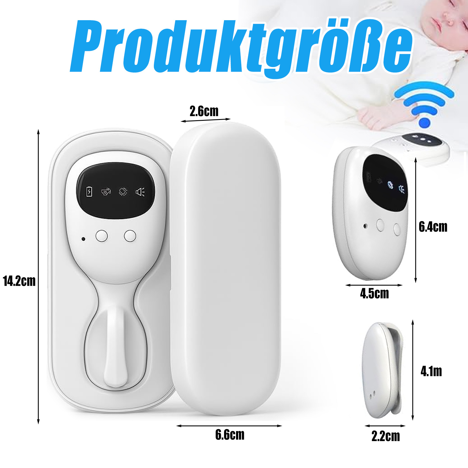 Produktbild eines Babyphones. Es enthält die Haupteinheit, eine Fernbedienung und Abmessungen. Im Hintergrund schläft ein Baby.