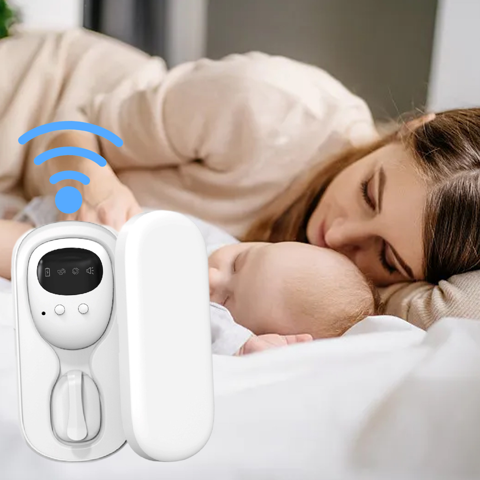 Ein schlafendes Baby und eine Mutter liegen auf einem Bett. Links ist ein Babyphone mit einem WLAN-Symbol darüber.