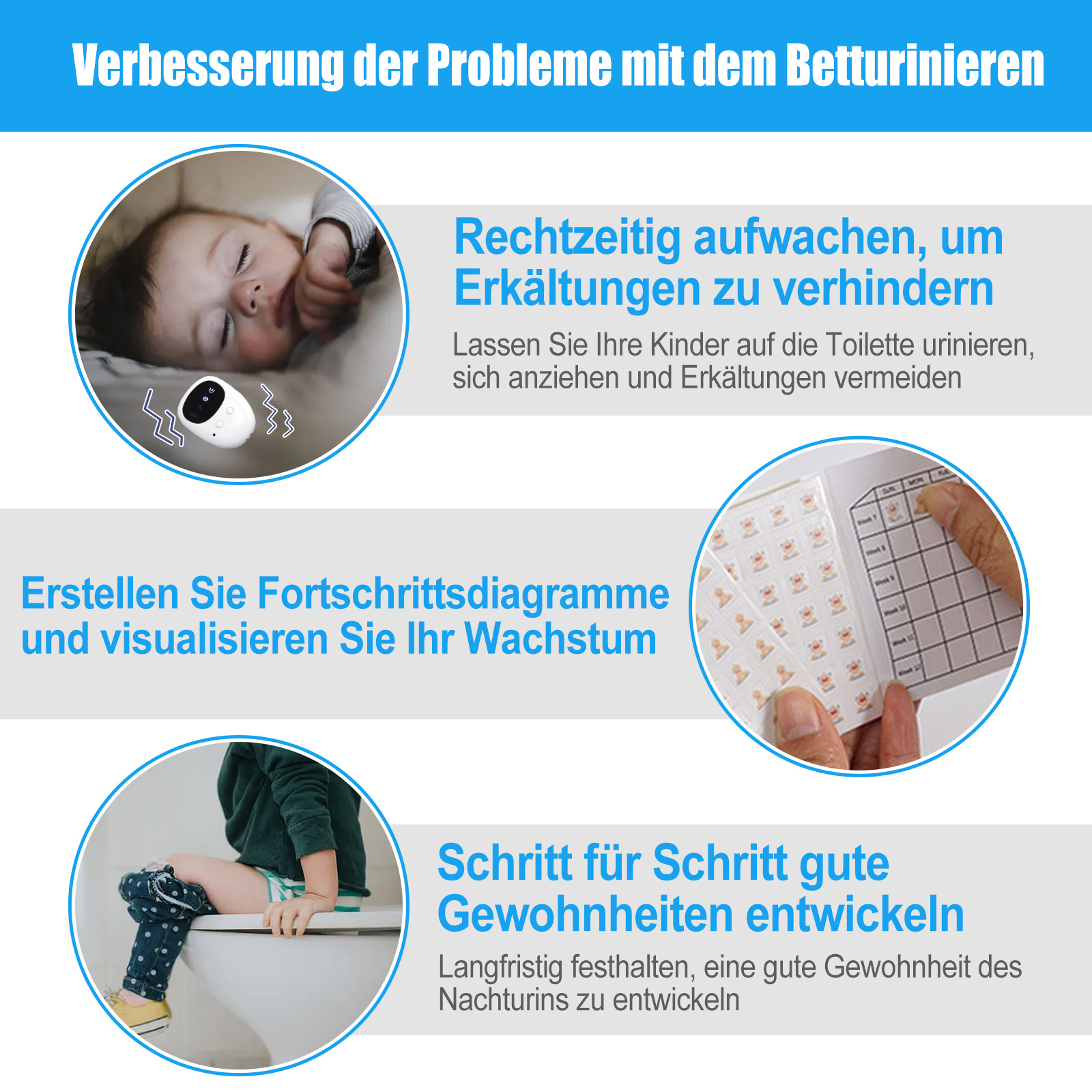 Das Bild zeigt ein schlafendes Baby, eine Tabelle mit Aufklebern und ein Kind auf einer Toilette. Text auf Deutsch. Fokus auf Bettnässen.