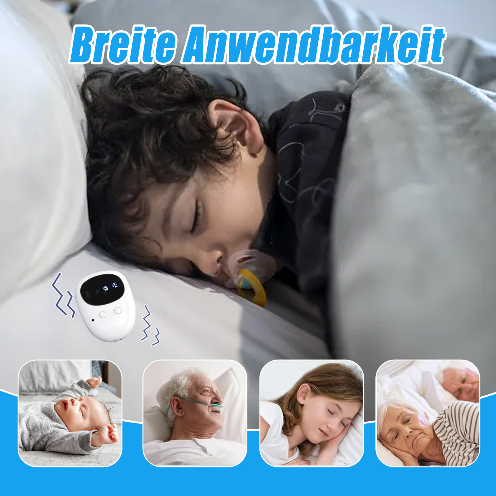 Ein schlafendes Kind mit Schnuller, ein weißes Gerät und Bilder von schlafenden Menschen, die auf die Verwendung hindeuten.