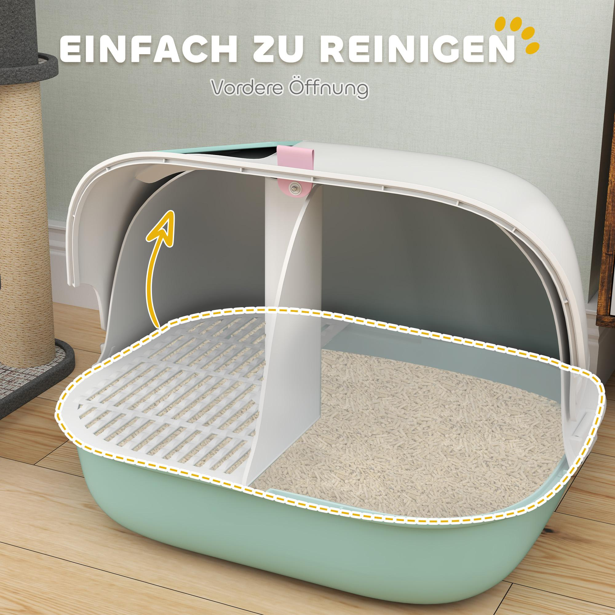Katzenstreu-Box, türkisfarbener Boden, weißer Deckel, mit rosafarbenem Verschluss. Innen befindet sich Katzenstreu. Das Bild zeigt das Innere der Box.