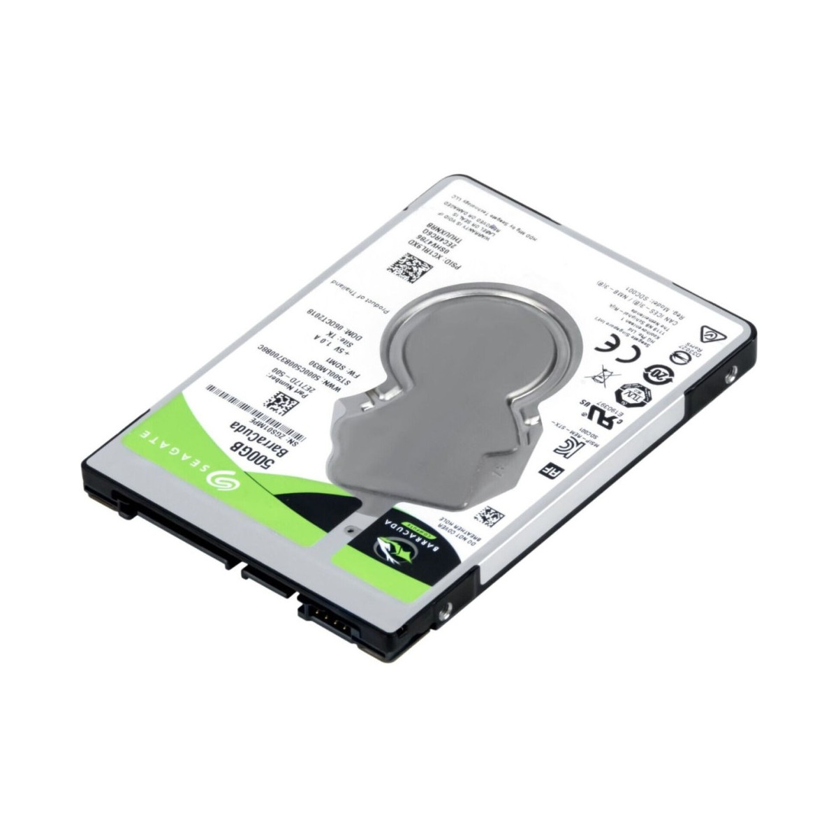 Dysk twardy Seagate Barracuda 500 GB. Srebrno-czarny z zielonymi akcentami. Widoczne etykiety tekstowe.