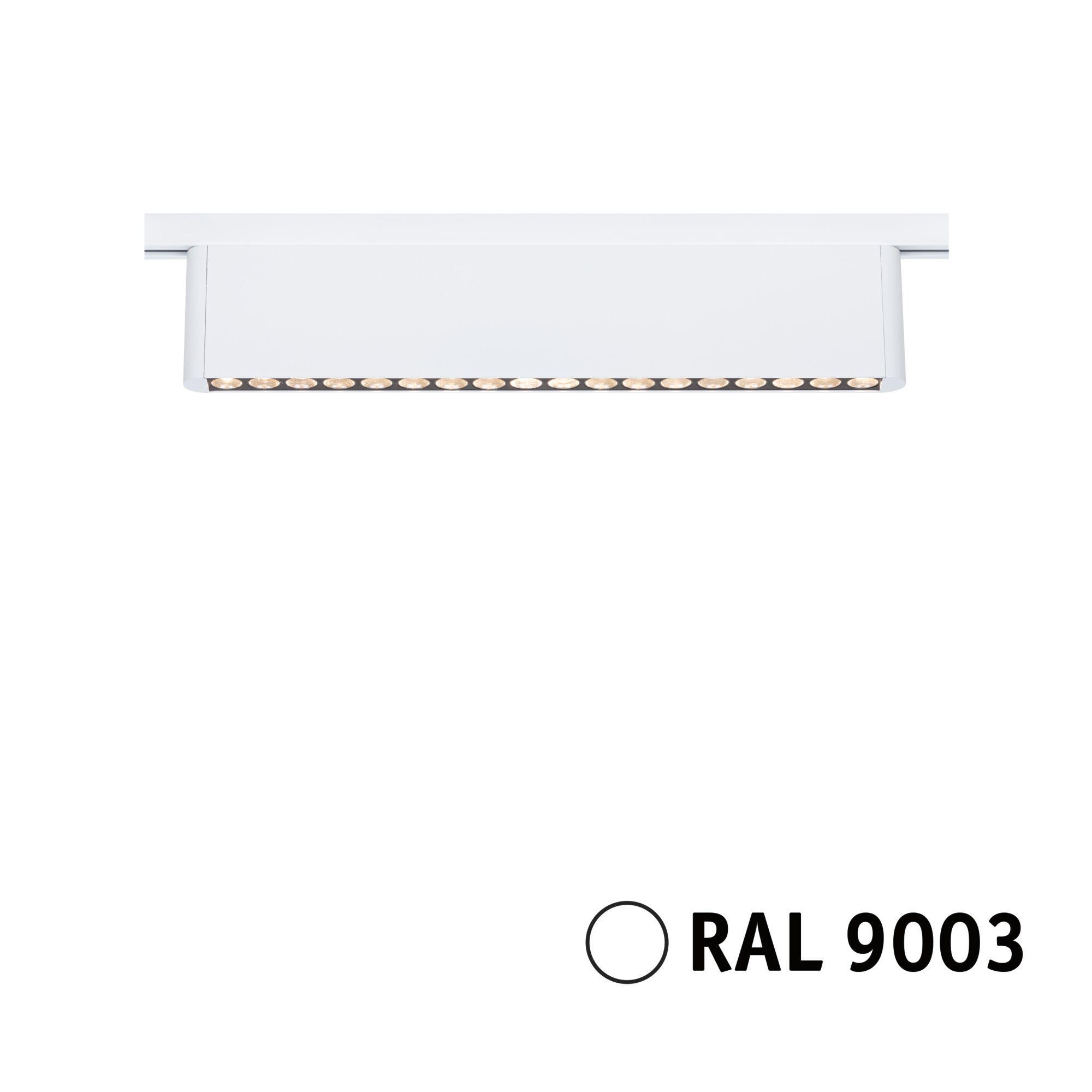 Eine weiße rechteckige LED-Leuchte. Sie hat mehrere kleine Lichter. Darunter steht der Text "RAL 9003".