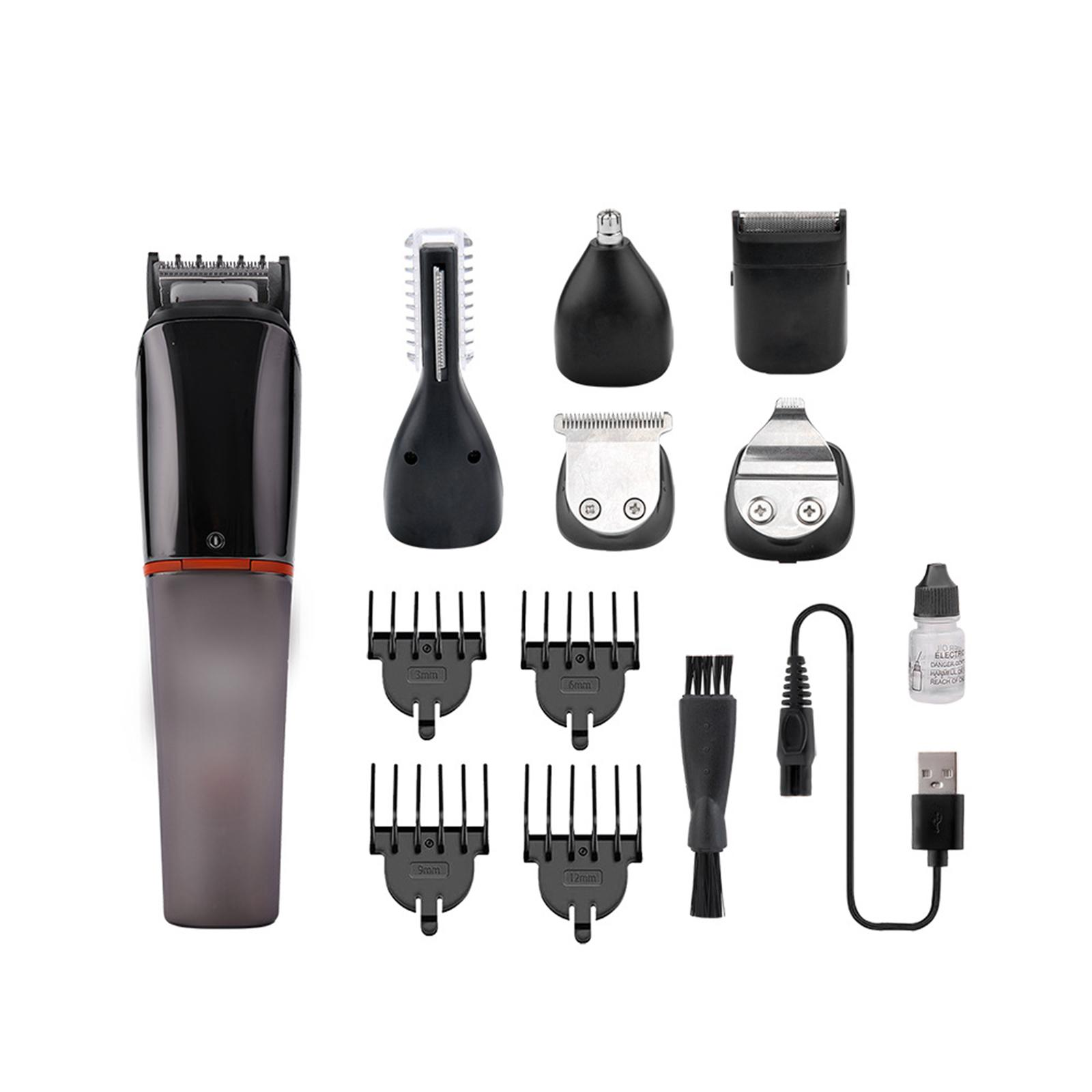 Ein schwarzes und graues Bartschneiderset mit verschiedenen Aufsätzen, darunter Trimmerköpfe, Führungen, eine Bürste, ein USB-Kabel und eine Flasche.