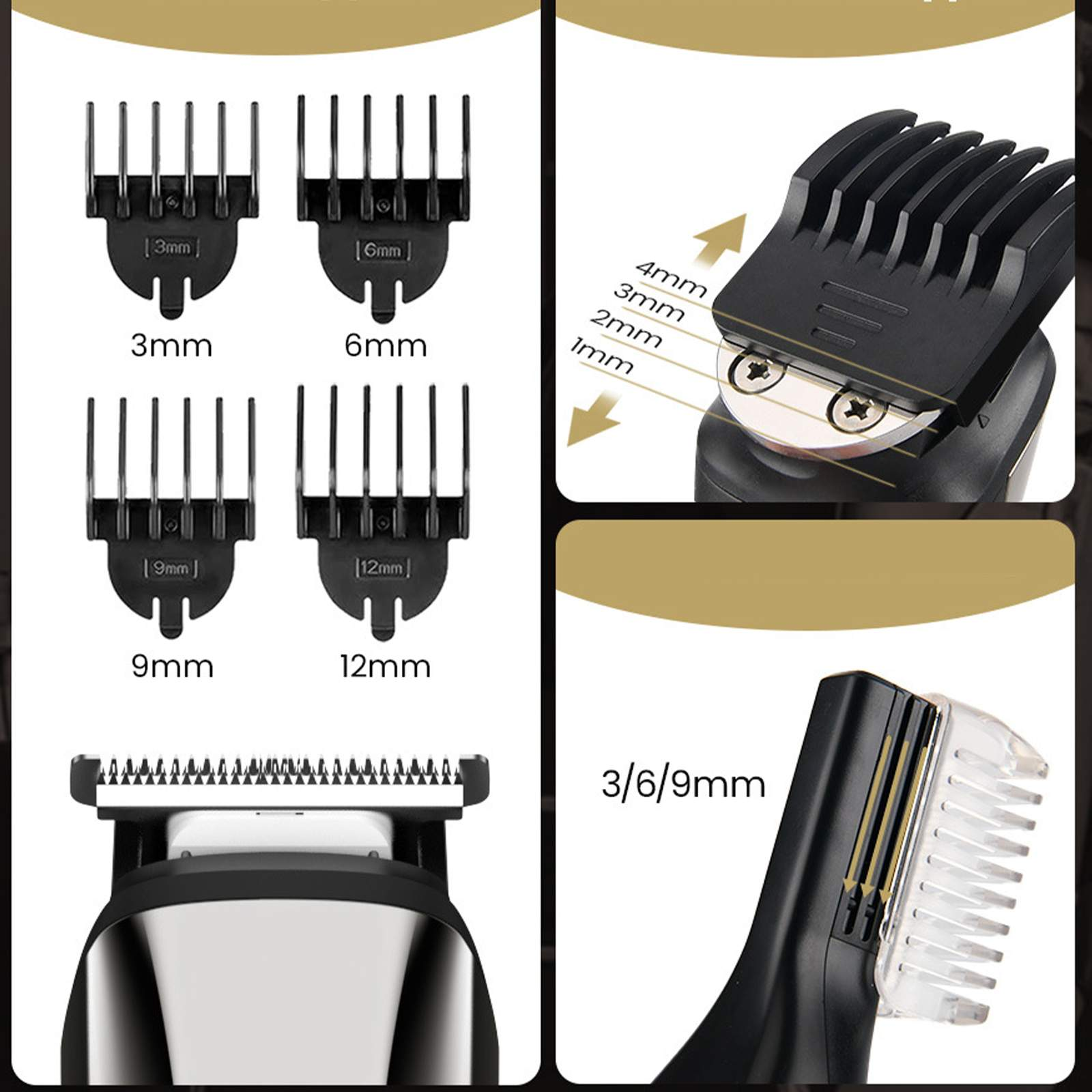 Das Bild zeigt Clipper-Aufsätze: 3 mm, 6 mm, 9 mm, 12 mm und einen Clipperkopf mit einstellbaren Einstellungen. Enthält 3/6/9 mm.