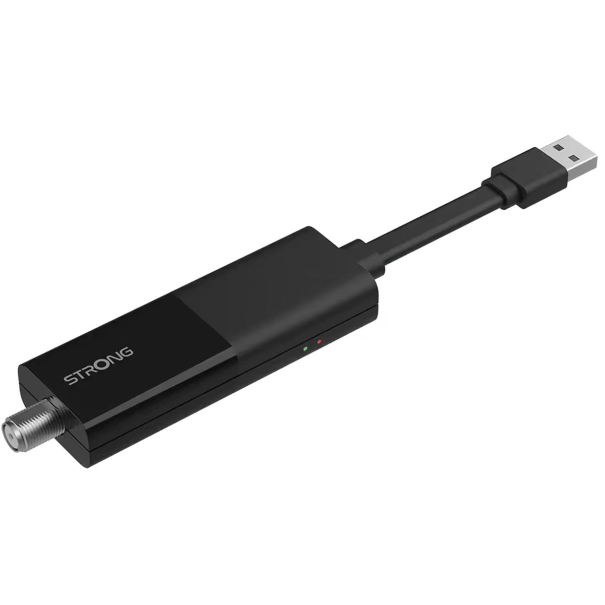 Ein schwarzer digitaler Strong-Receiver mit USB-Kabel. Er hat einen Koaxialanschluss und zwei kleine LED-Leuchten.