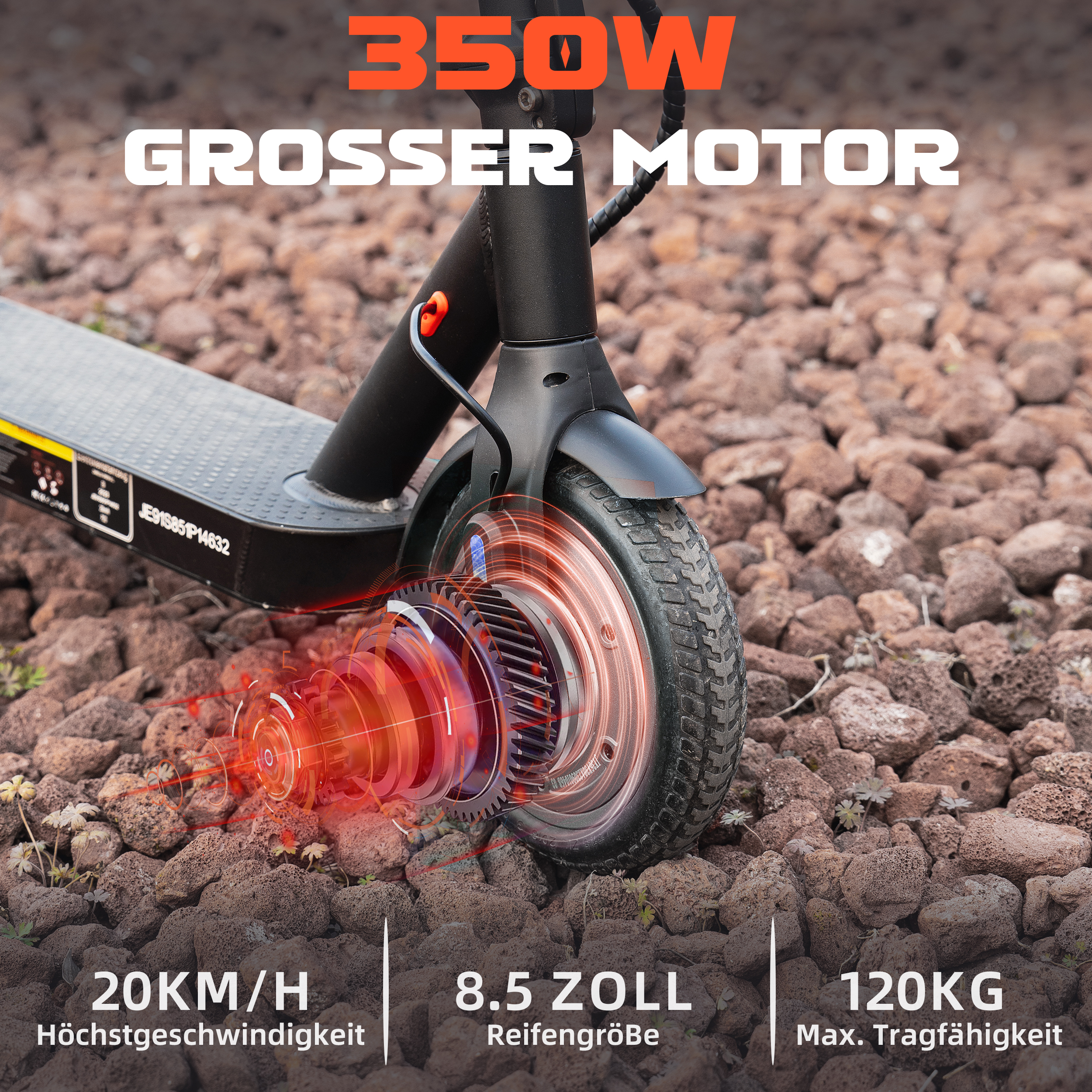 Ein Elektroroller mit 350W Motor, 20km/h Geschwindigkeit, 8,5 Zoll Reifen und 120kg max. Belastung. Er steht auf felsigem Boden.