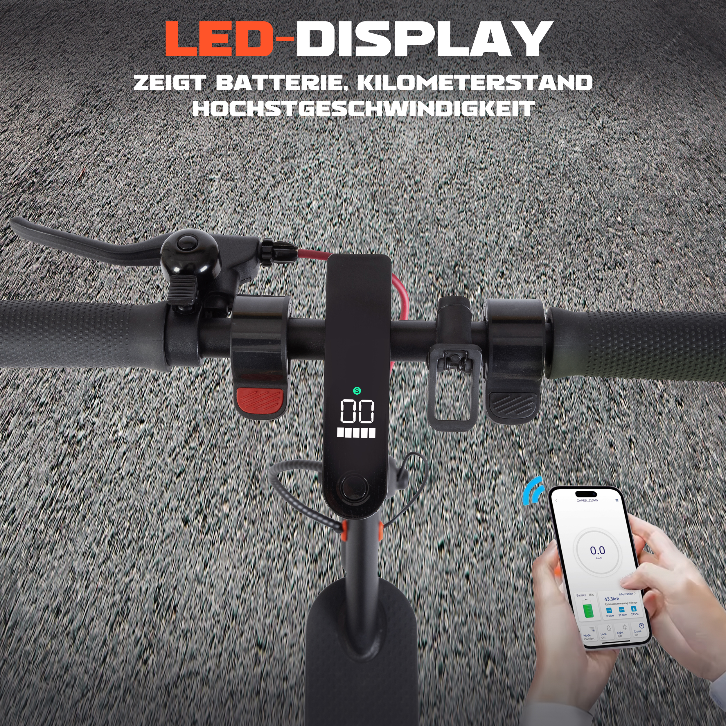 E-Scooter-Lenker mit LED-Anzeige mit Geschwindigkeit und Batterie. Telefon zeigt Geschwindigkeit und Kilometer.