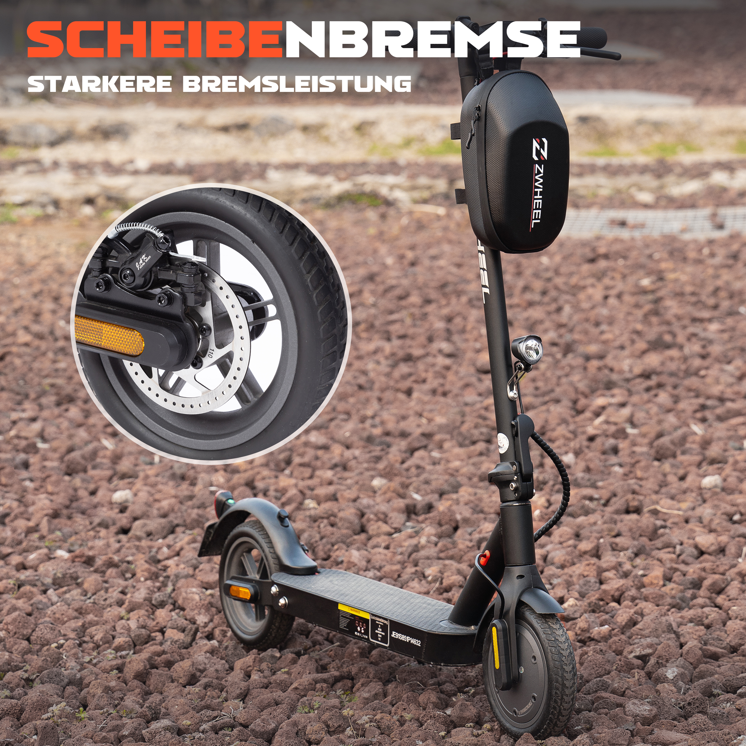 Schwarzer Elektroroller auf Felsen. Mit Scheibenbremsen, Scheinwerfer und Tasche. Text sagt 'Scheibenbremse' und 'stärkere Bremsleistung'.