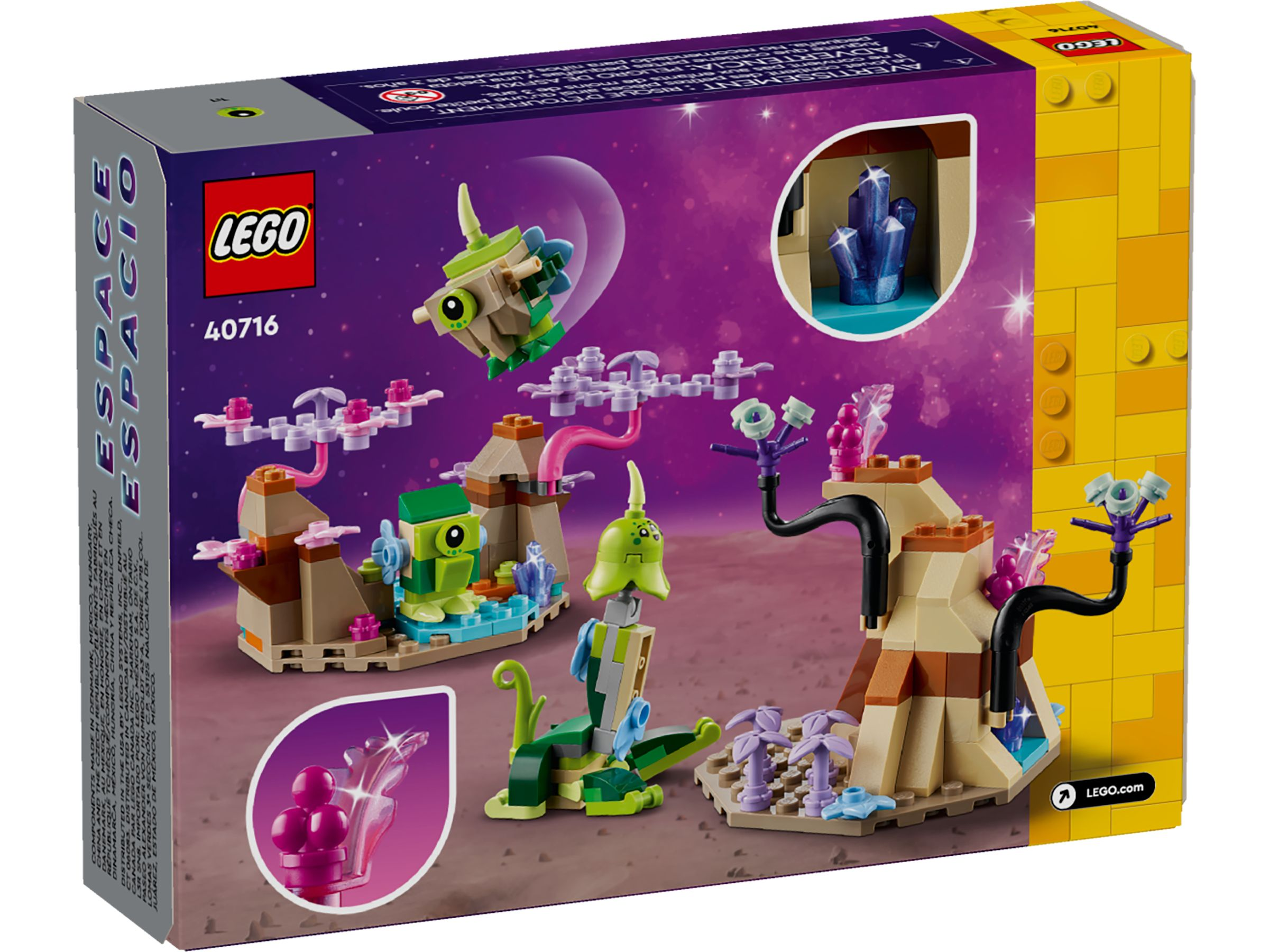Box-Art zeigt ein LEGO-Set mit außerirdischen Kreaturen und Landschaft. Lila Weltraumhintergrund mit LEGO-Logo.