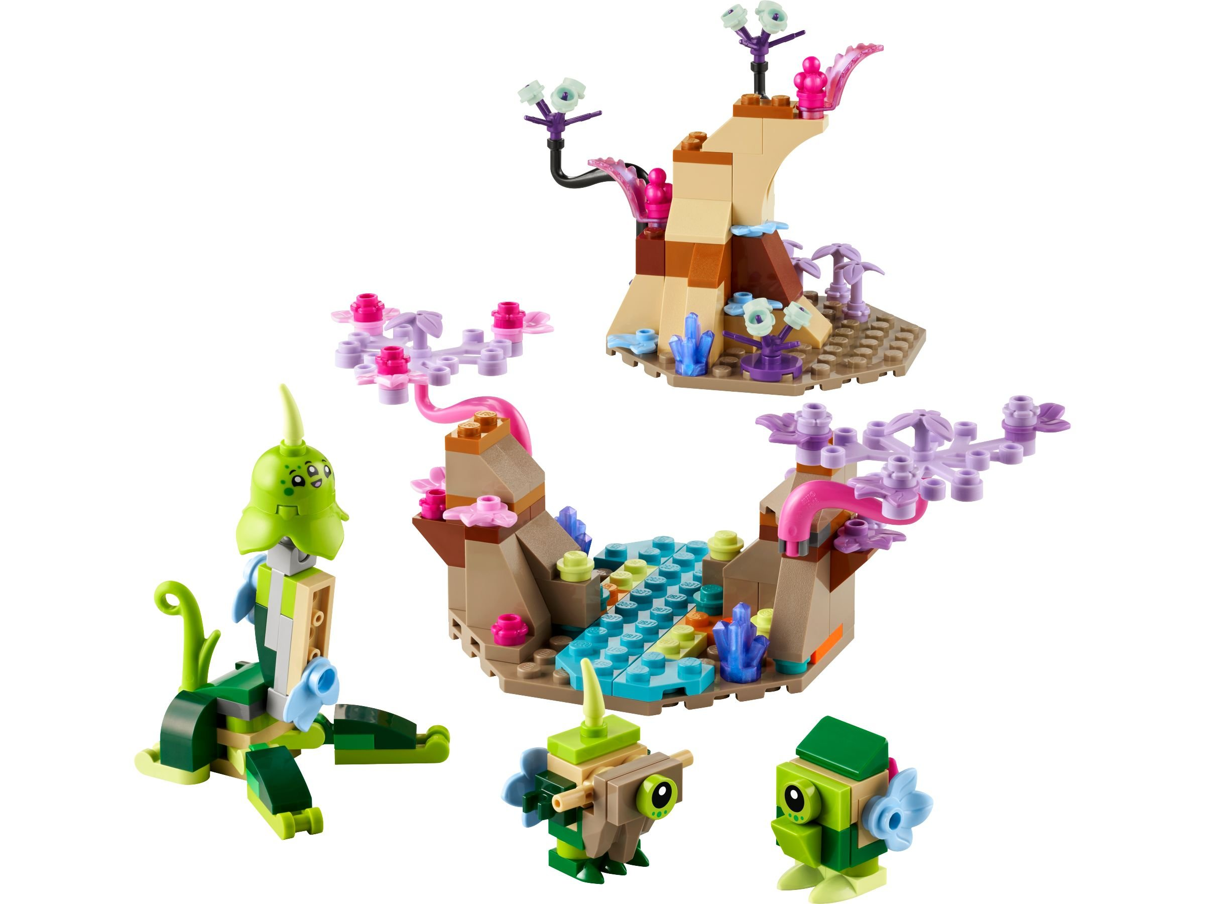 LEGO-Set mit farbenfrohen pflanzenartigen Strukturen, darunter ein Baum, eine Brücke und mehrere kleine Kreaturen.