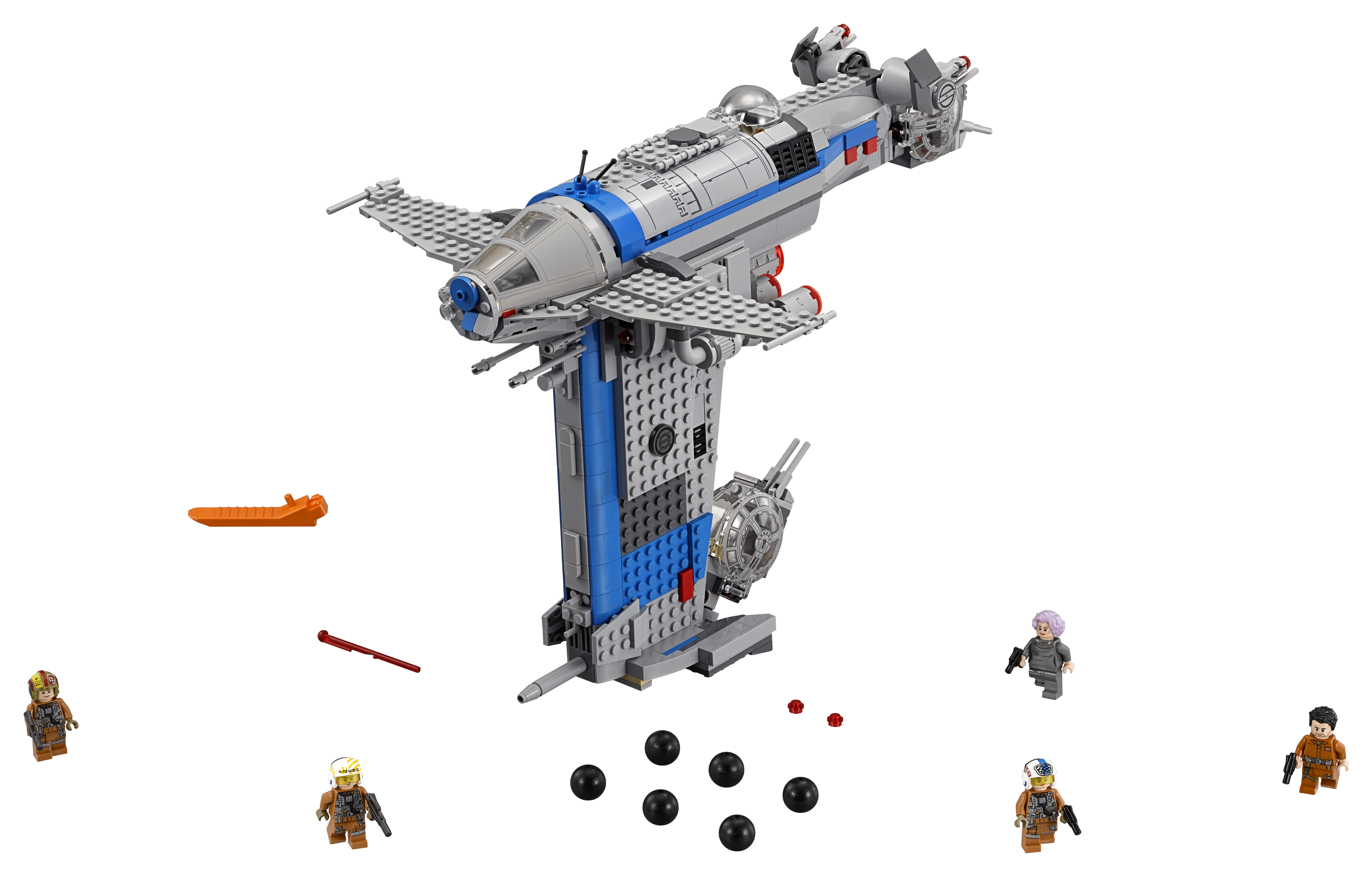 Ein Lego-Modell eines Raumschiffs mit verschiedenen Mini-Figuren und Zubehör auf weißem Hintergrund.