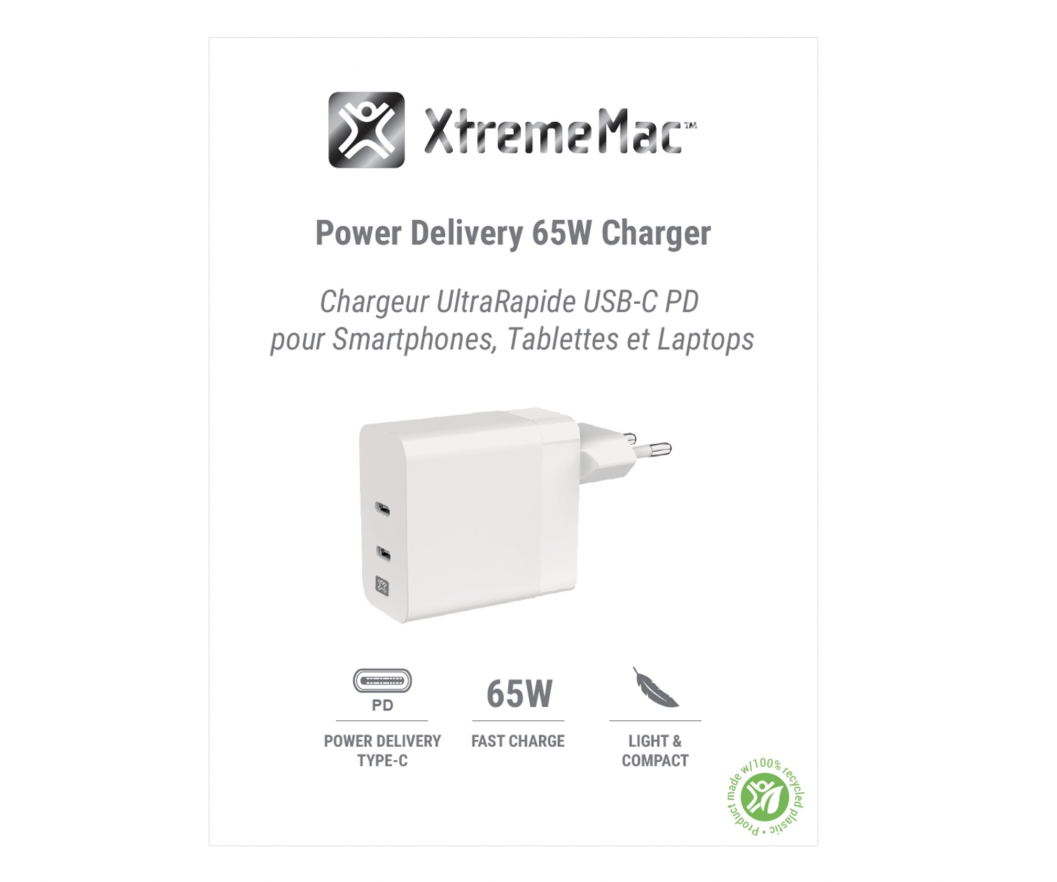 Caricabatterie bianco XtremeMac 65W. Testo: Power Delivery, 65W Fast Charge, Light & Compact. Per smartphone, tablet e laptop.