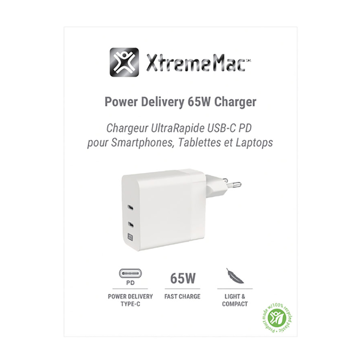 Un caricabatterie bianco Xtreme Mac da 65W Power Delivery. Ha porte USB-C, una spina e testo che indica ricarica rapida e design compatto.