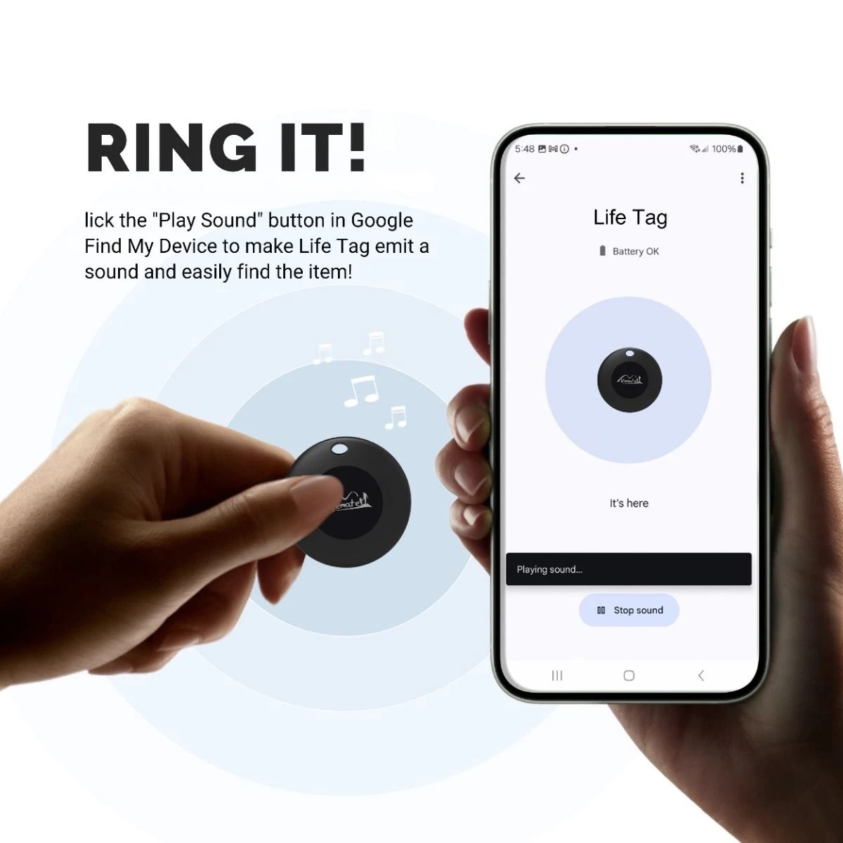 Eine Hand hält ein schwarzes Life Tag neben einem Telefon, das seinen Standort anzeigt. Der Text lautet: „Ring It!“ und Anweisungen zur Verwendung.
