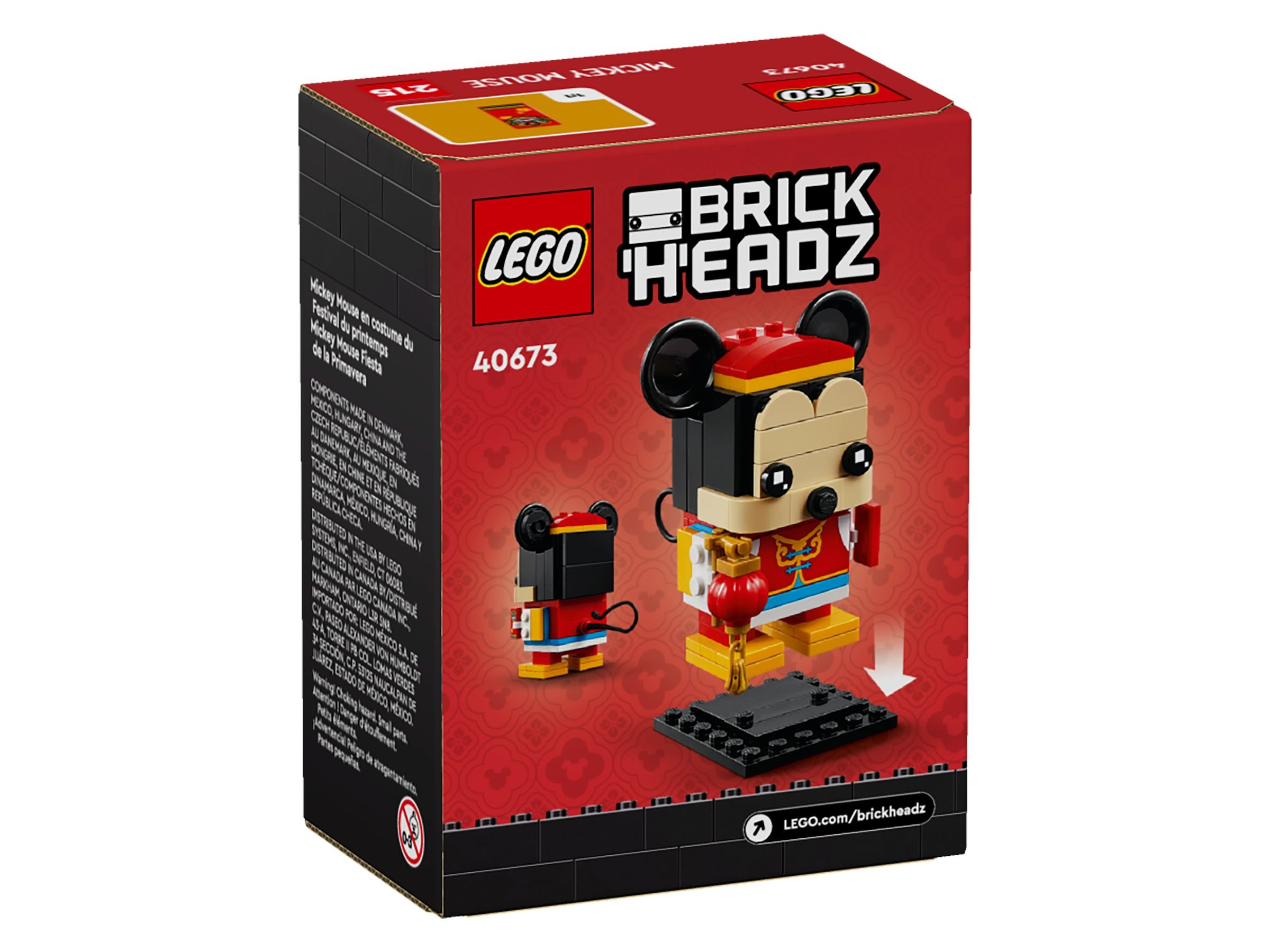 Schachtel mit Lego BrickHeadz Micky Maus. Enthält eine Lego-Figur von Micky Maus in roter, gelber und schwarzer Kleidung.