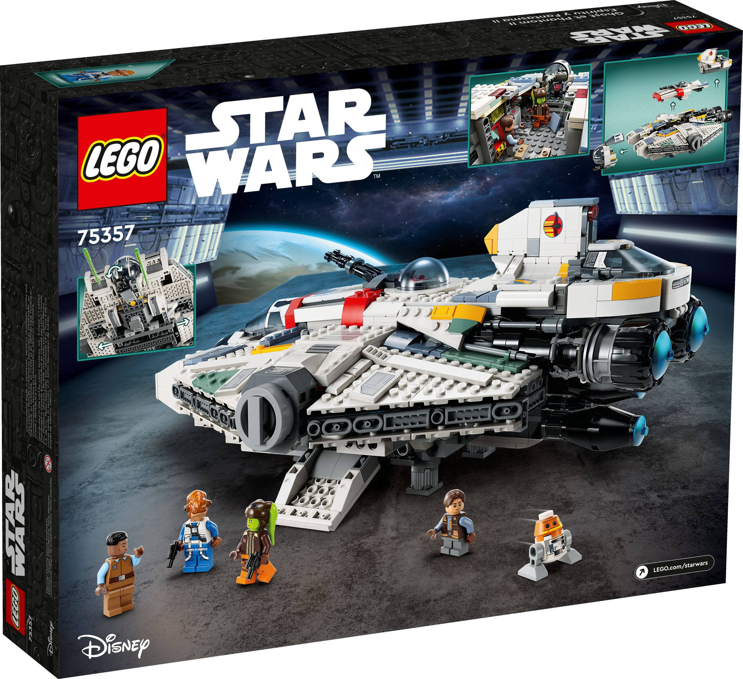 Zestaw Lego Star Wars. Zawiera model statku, minifigurki i zdjęcia funkcji zestawu.