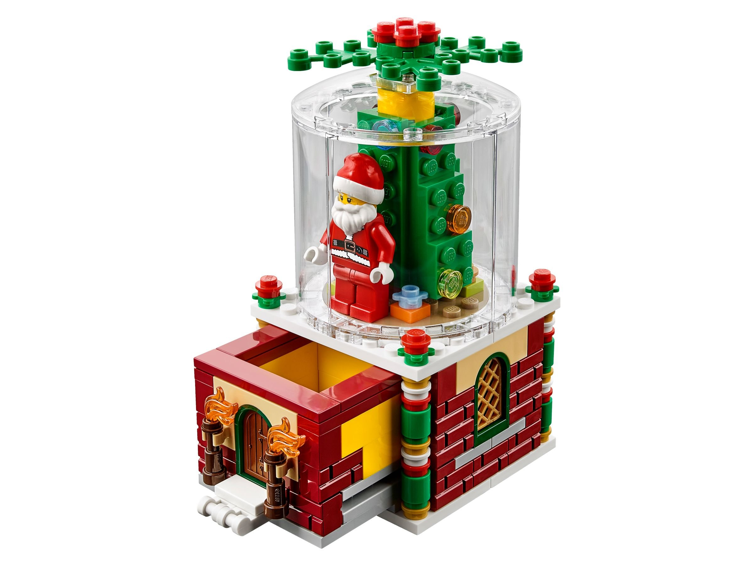 Ein Lego-Weihnachtsset mit Santa in einer Schneekugel. Ein Weihnachtsbaum ist ebenfalls enthalten. Die Basis ist rot und gelb.