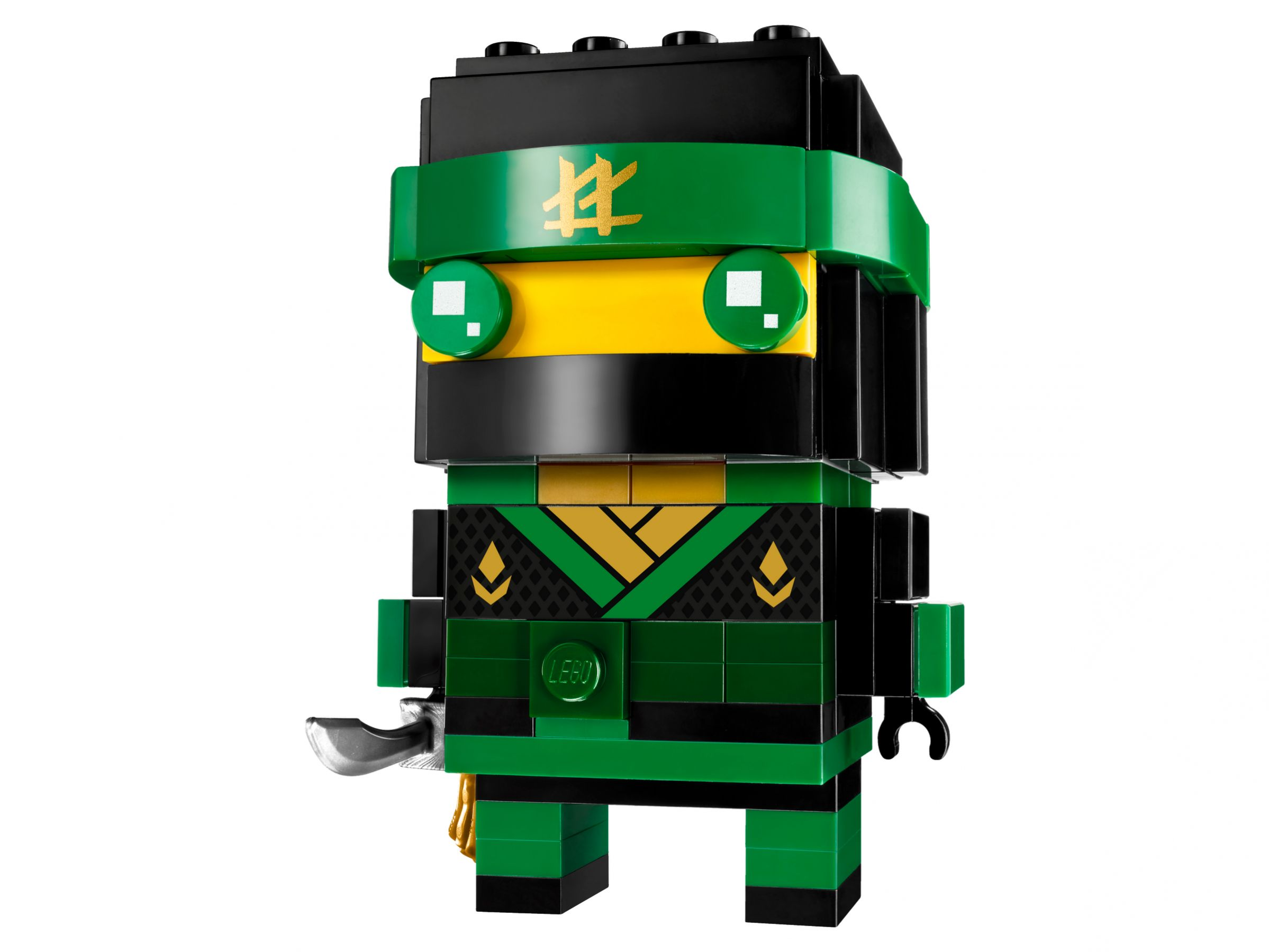 Eine Lego-Figur eines Ninjas in Grün und Schwarz. Er hat ein Schwert an der Seite und steht.