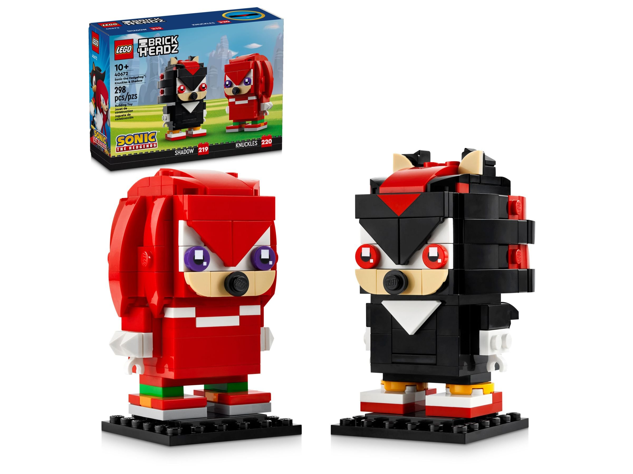 LEGO BrickHeadz Figuren von Knuckles und Shadow aus Sonic. Knuckles ist rot, Shadow ist schwarz. Im Hintergrund ist eine LEGO-Box.