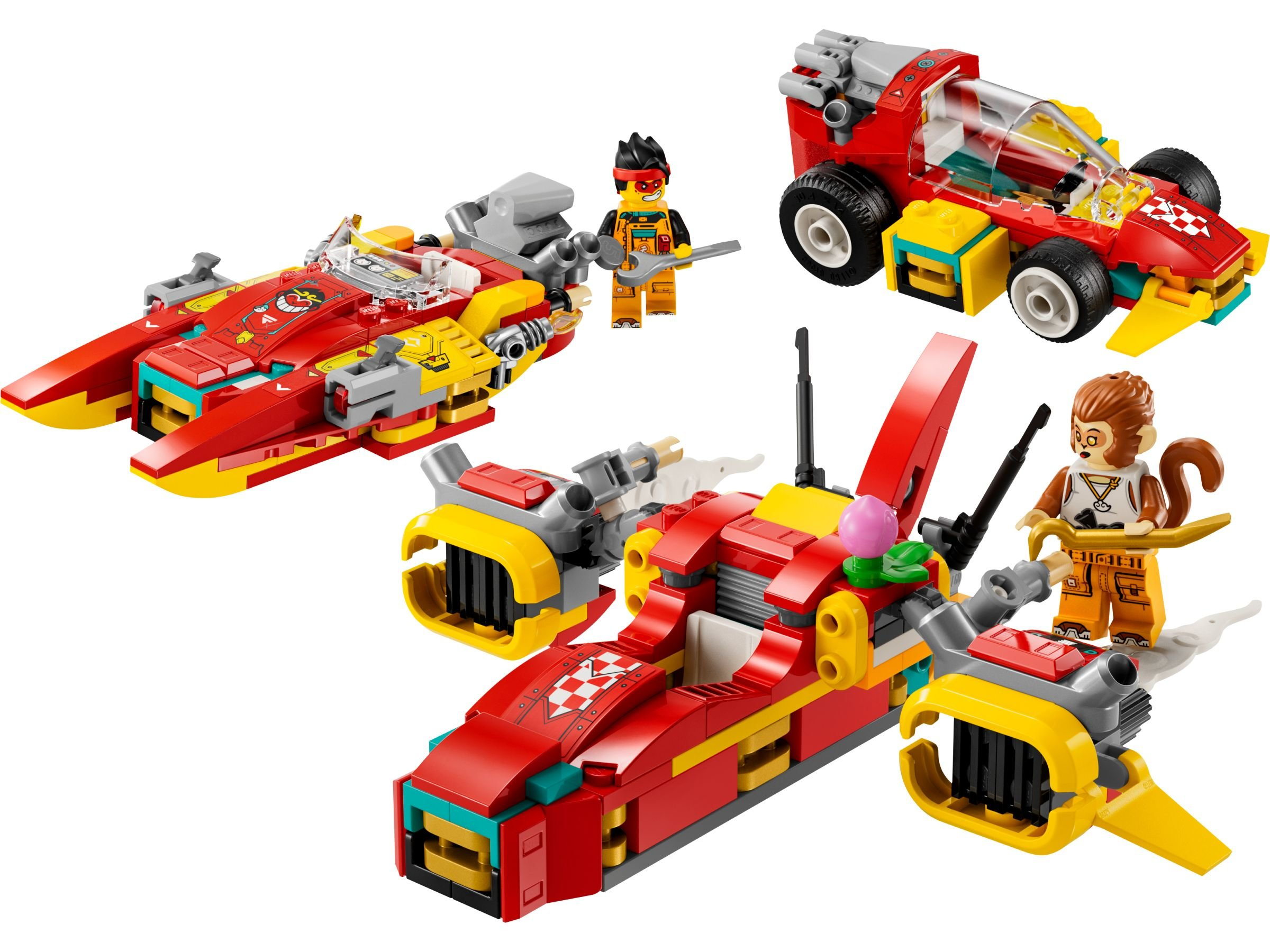 Mehrere Lego-Rennwagen in Rot, Gelb und Grau mit Minifiguren. Ein Auto hat eine Affen-Minifigur.