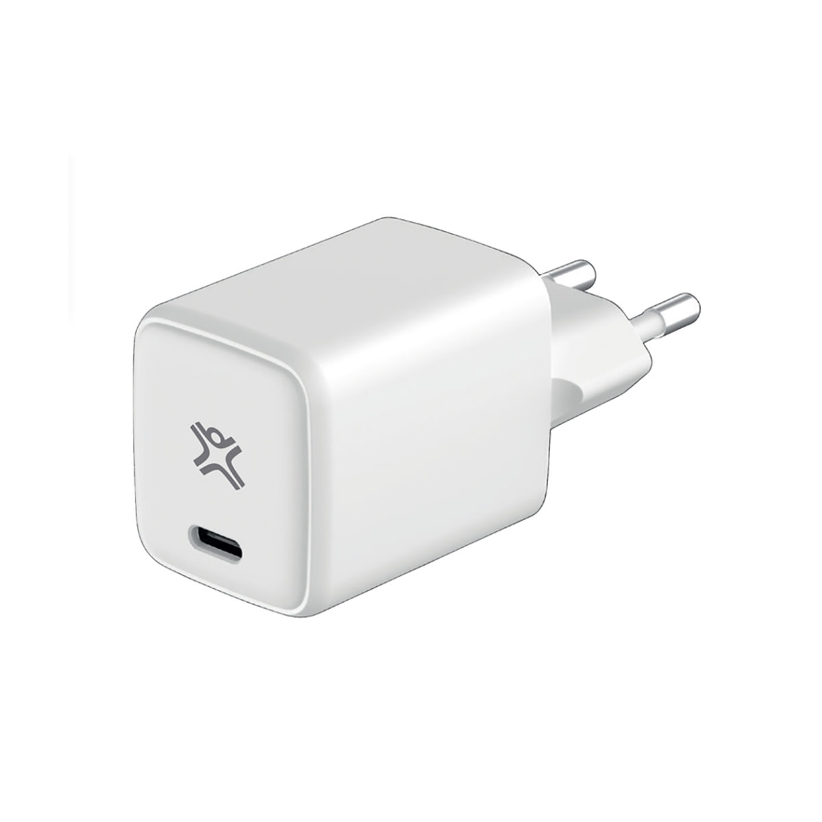 Un caricabatterie bianco con porta USB-C. Ha una spina europea e un logo sulla parte anteriore.