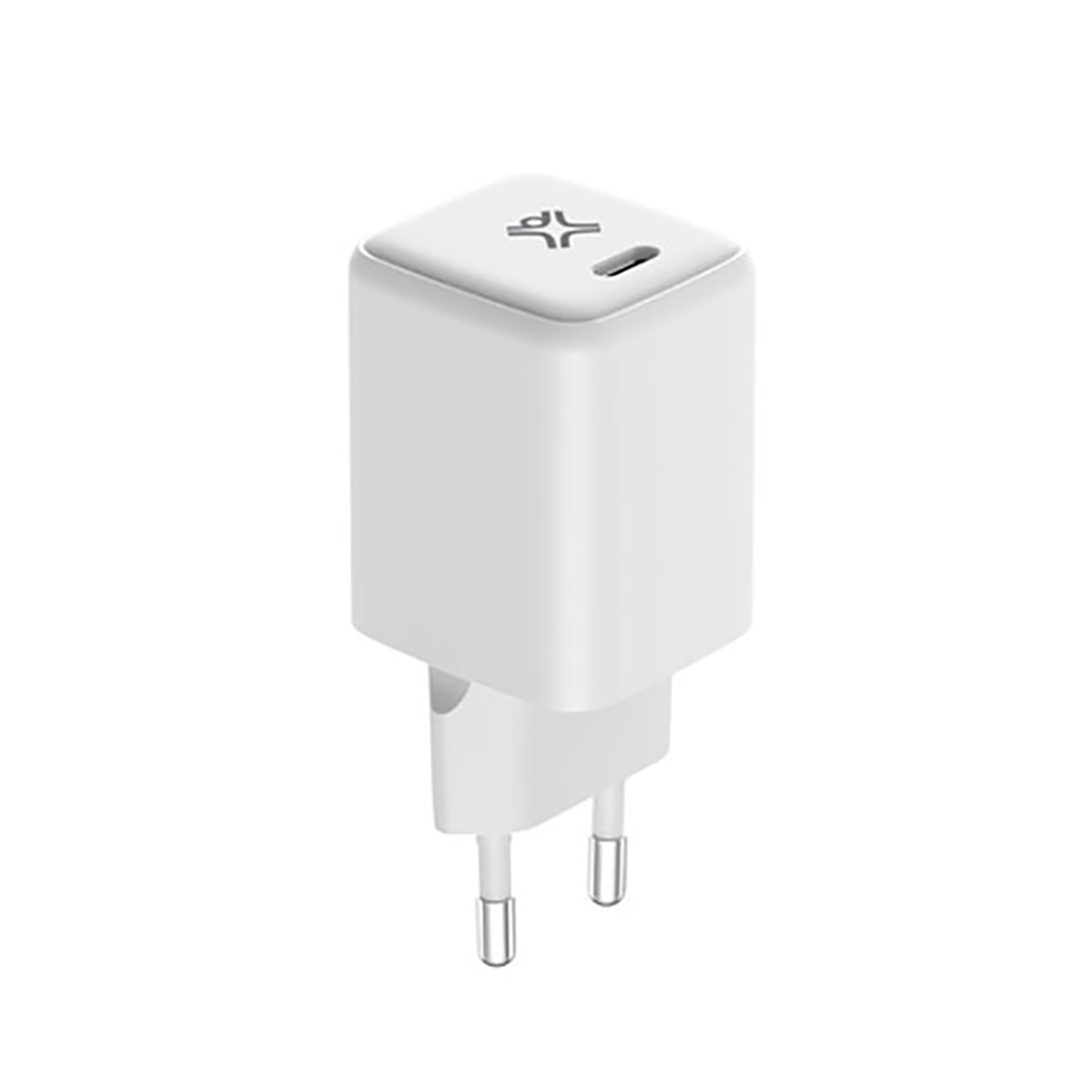 Un caricabatterie bianco per telefono con due spine e una porta USB. C'è un simbolo in alto.