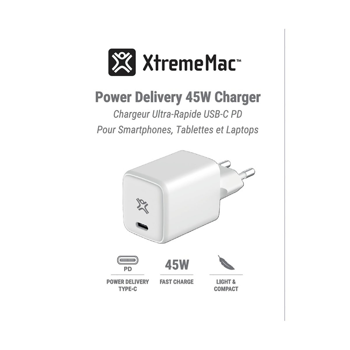 Viene mostrato un caricabatterie XtremeMac da 45W bianco. Dispone di una porta USB-C ed è progettato per la ricarica rapida di smartphone, tablet e laptop.