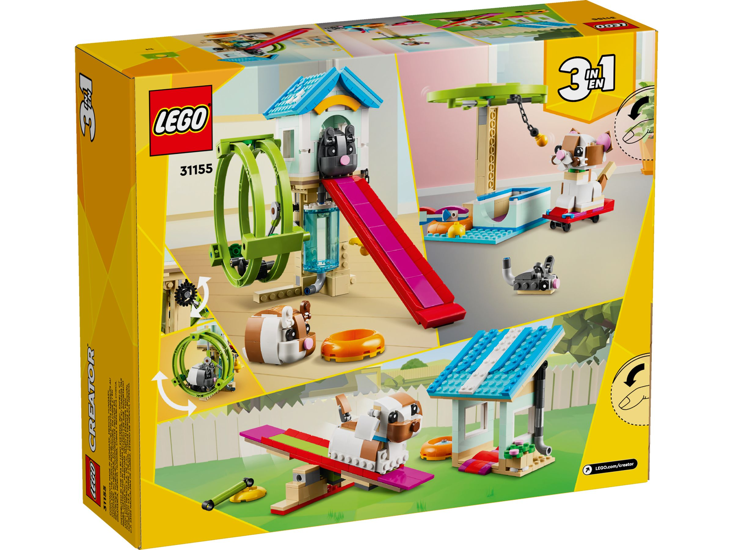 Scatola Lego che mostra un set 3 in 1. Presenta costruzioni come un cane su un'altalena, una ruota per criceti e una cuccia.