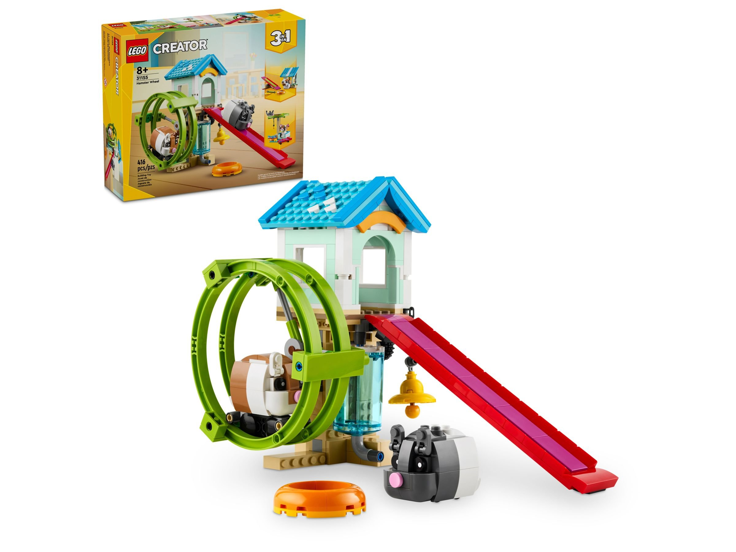 Set LEGO Creator. Sono visibili una ruota per criceti con uno scivolo, una casa e due personaggi di criceti.