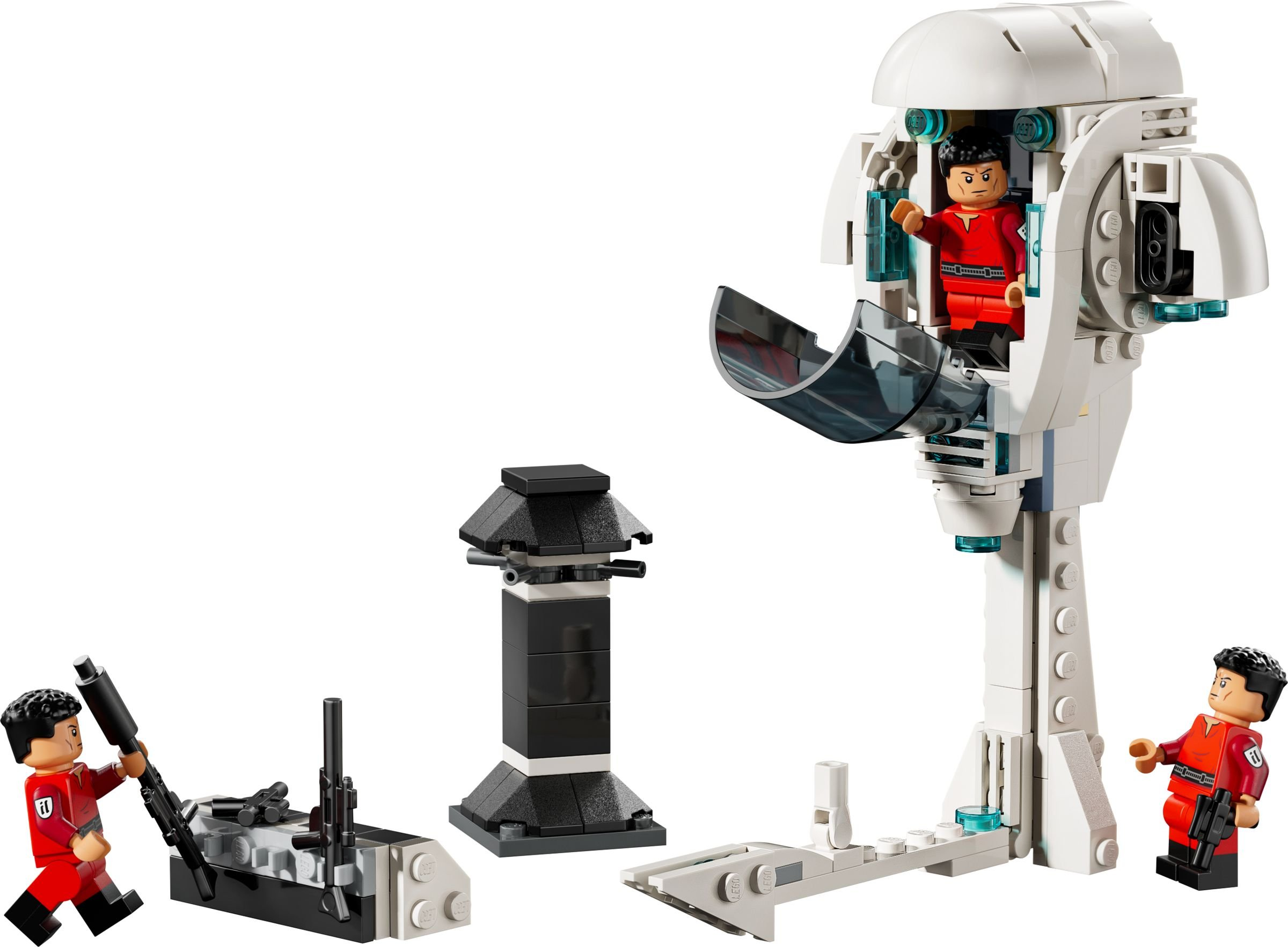 Lego Star Wars Set: Eine weiße Struktur mit einer Figur, zwei Figuren mit Waffen und einem schwarzen Turm.
