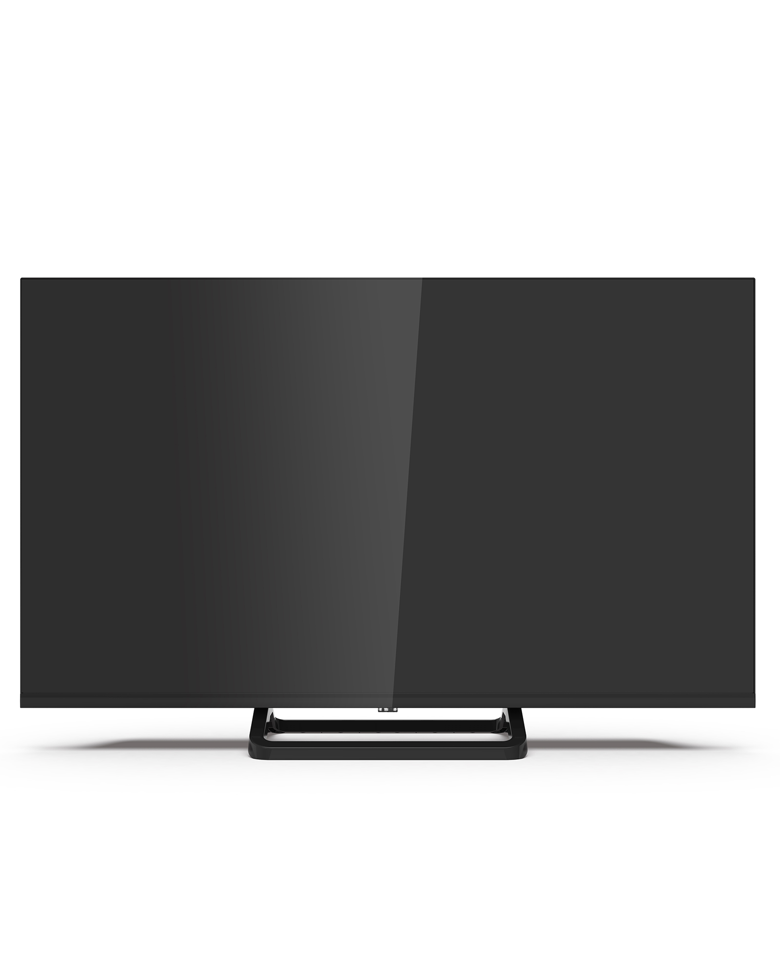 Ein schwarzer Flachbildfernseher, zentriert, auf weißem Hintergrund. Er hat einen schwarzen Ständer. Der Bildschirm ist glänzend.