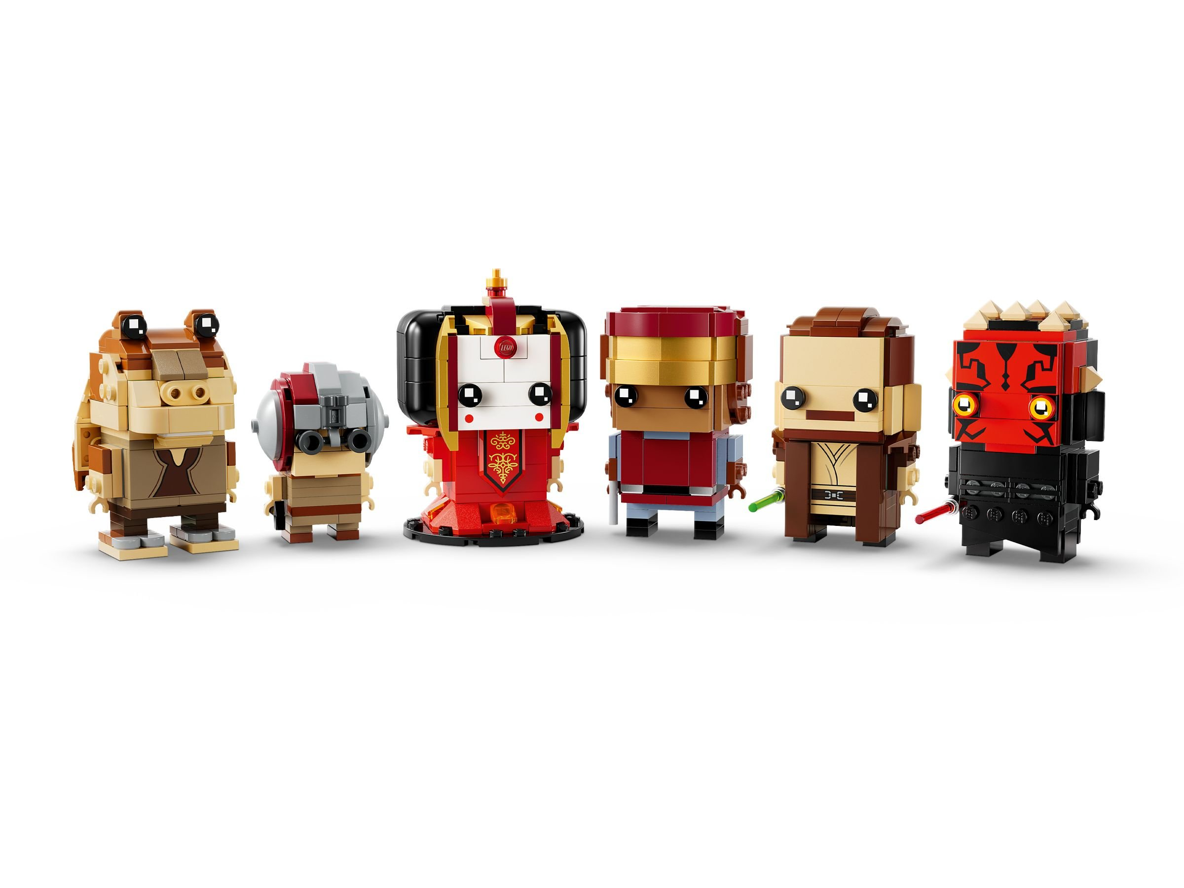 Sechs Lego Star Wars Charaktere in einer Reihe: Jar Jar Binks, ein Sturmtruppler, Padmé Amidala, Iron Man, Obi-Wan Kenobi und Darth Maul.
