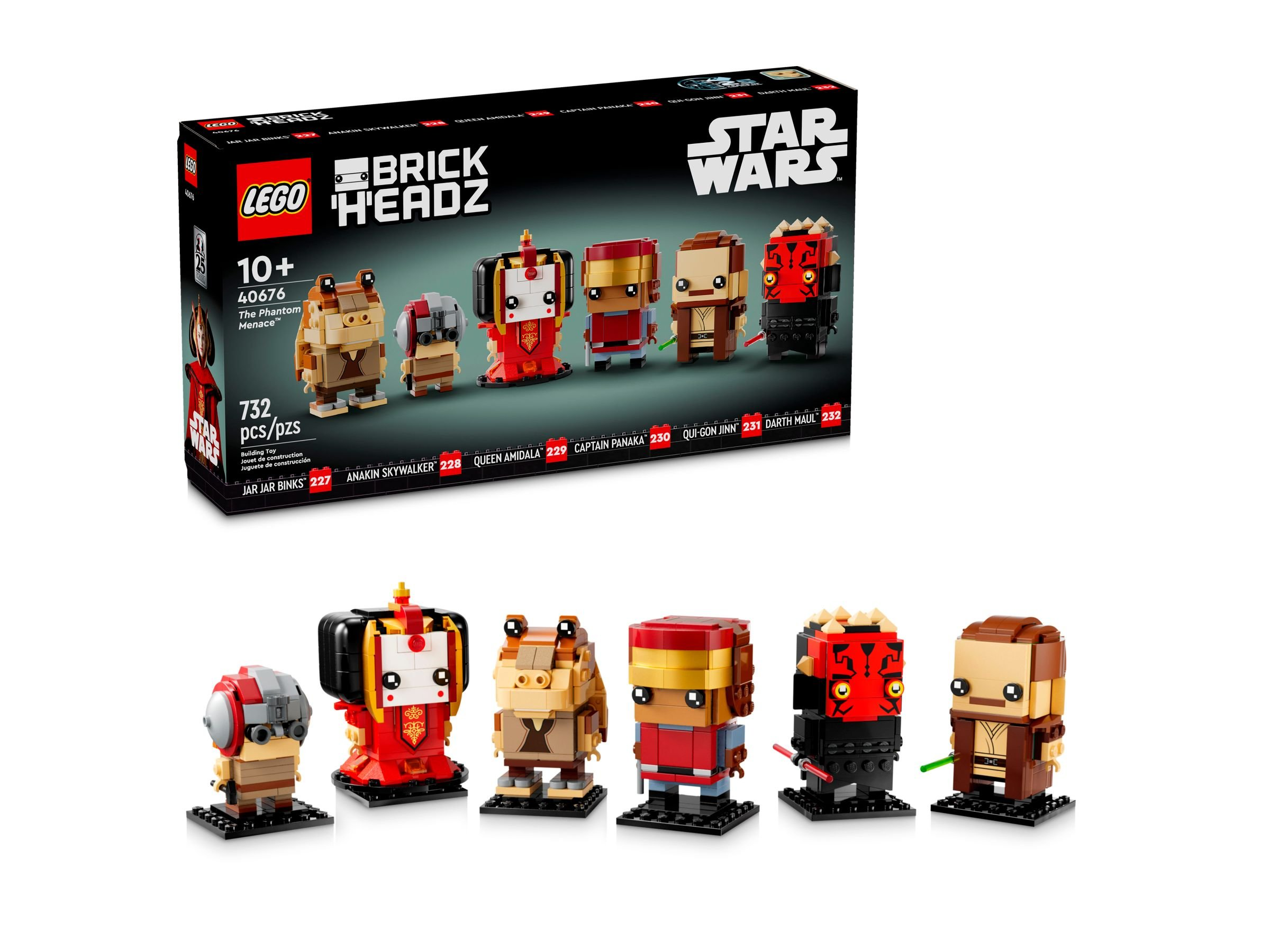 Eine Lego-Set-Box und sechs Lego-Figuren auf weißem Hintergrund. Das Set ist im Star Wars-Thema, Brickheadz-Stil.