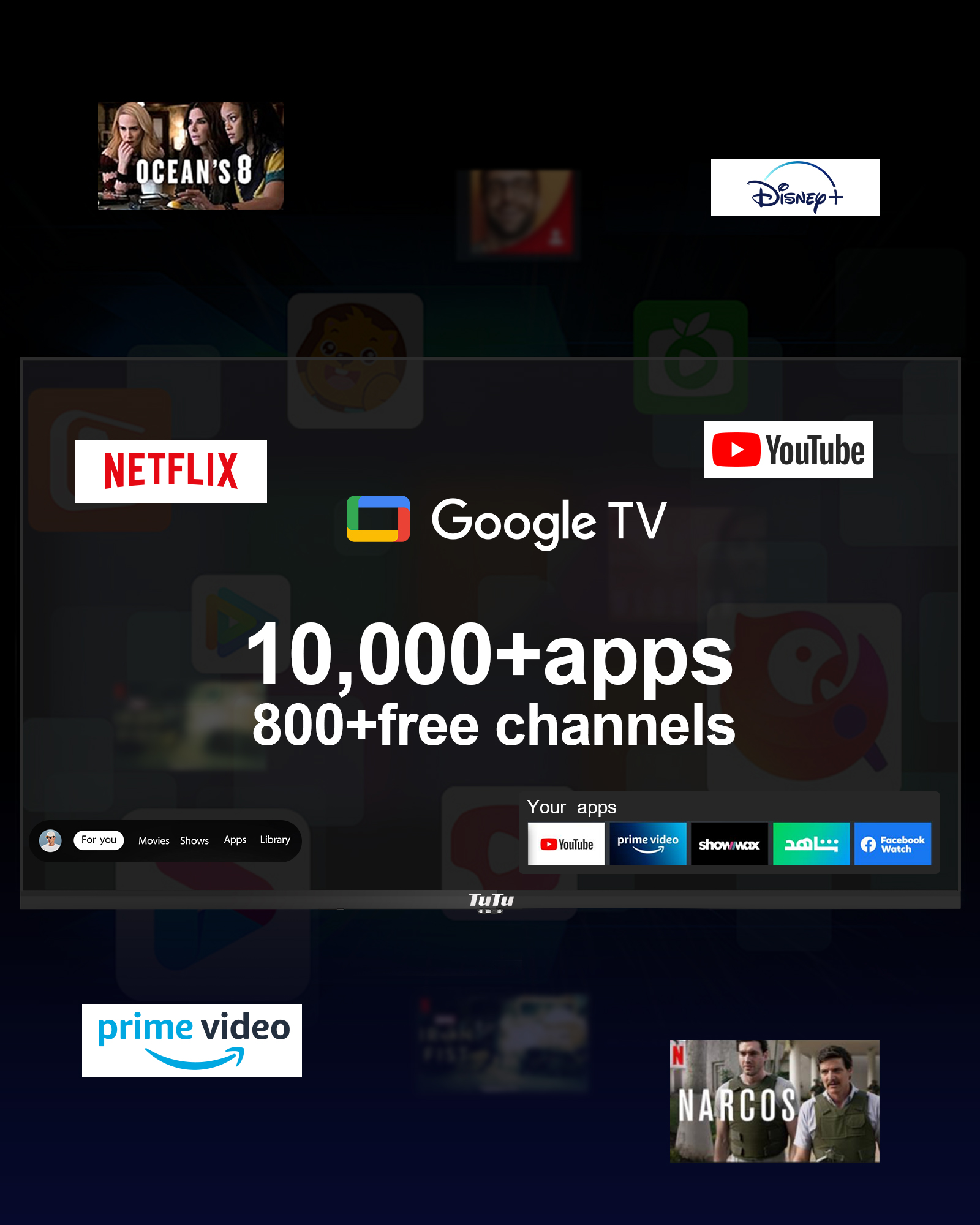 Ein Fernsehbildschirm zeigt Apps wie Netflix, YouTube und Prime Video. Der Bildschirm wirbt mit über 10.000 Apps und 800+ kostenlosen Kanälen.