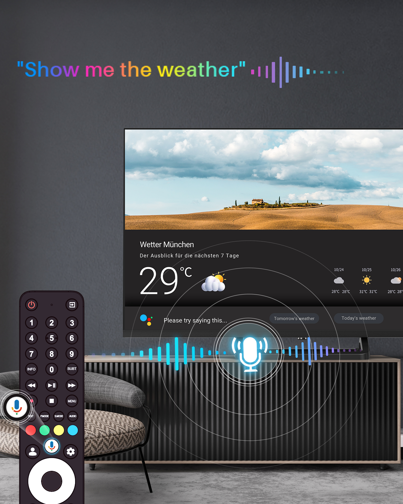 Ein Fernseher zeigt Wetterinformationen, gesteuert von einer Fernbedienung. Die Szene umfasst eine Couch und einen Lautsprecher. Der Befehl "Zeig mir das Wetter" wird angezeigt.