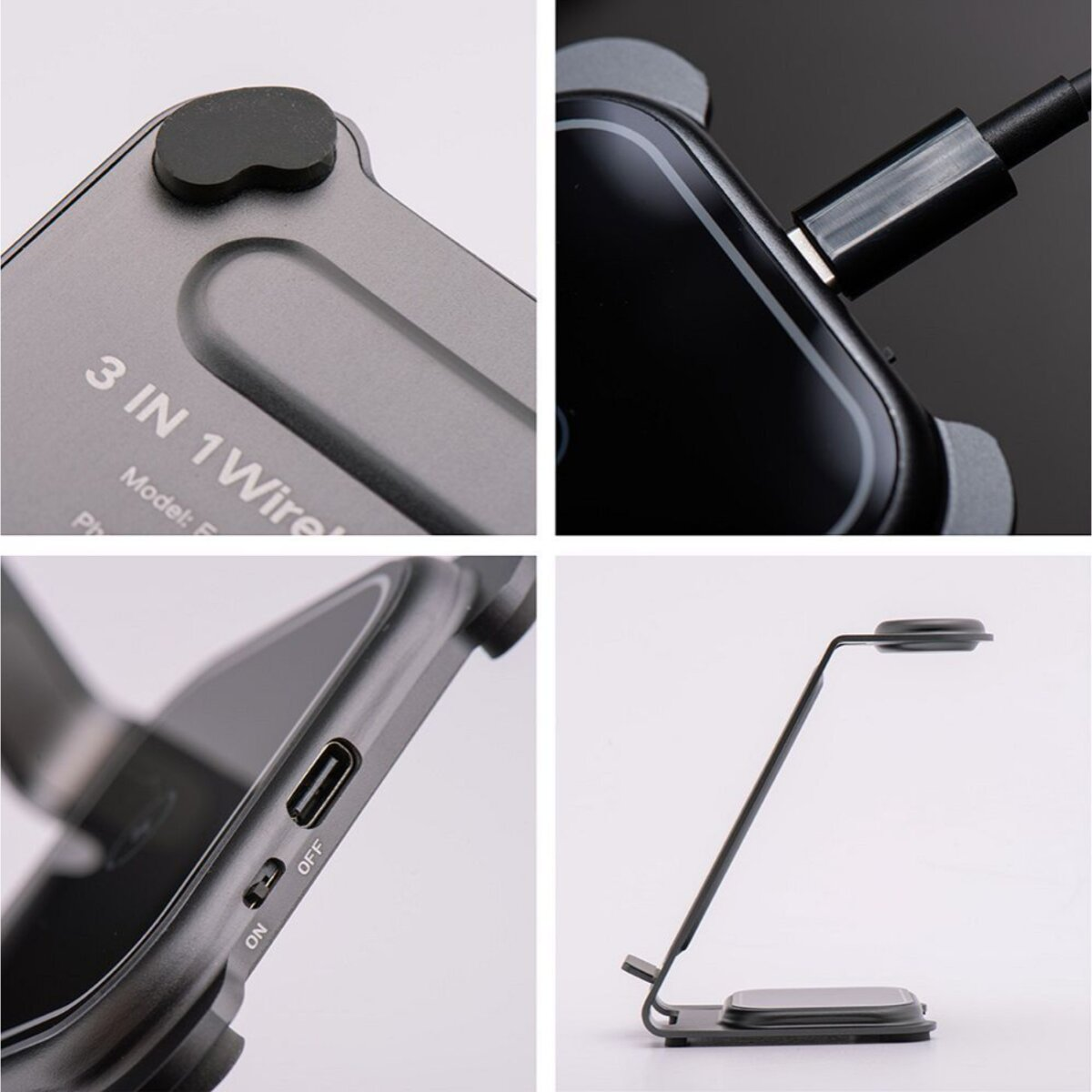 Vier Ansichten eines 3-in-1-Wireless-Ladegeräts. Es umfasst ein Ladepad, ein USB-C-Kabel und einen EIN/AUS-Schalter, alles in Grau und Schwarz.