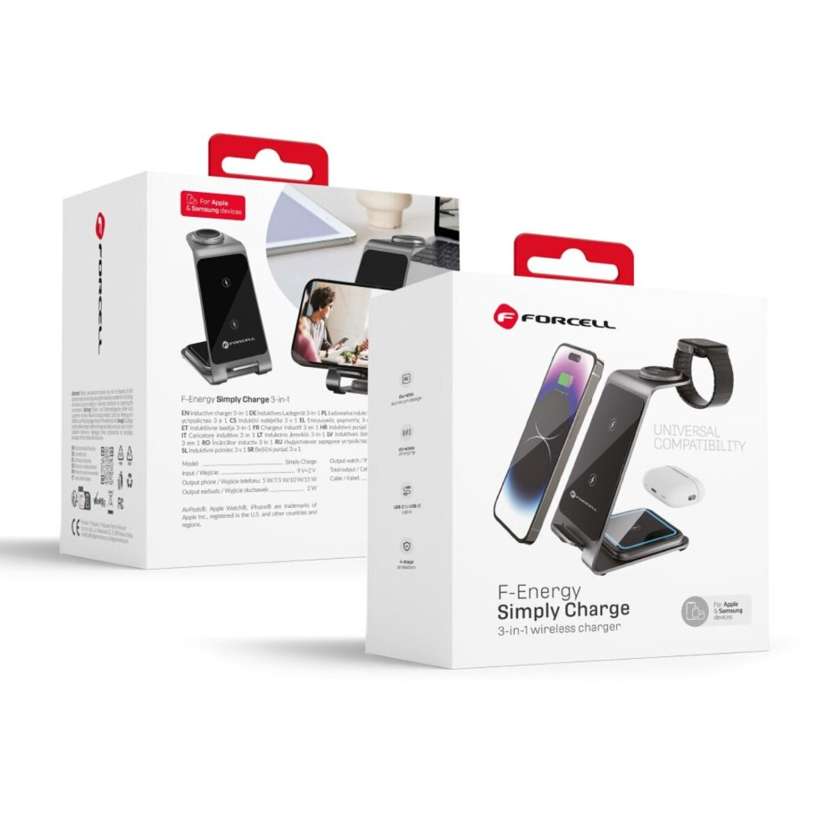 Zwei weiße Kartons mit einem kabellosen Ladegerät, Telefon und Uhr. Die Kartons sind mit 'F-Energy Simply Charge' beschriftet.