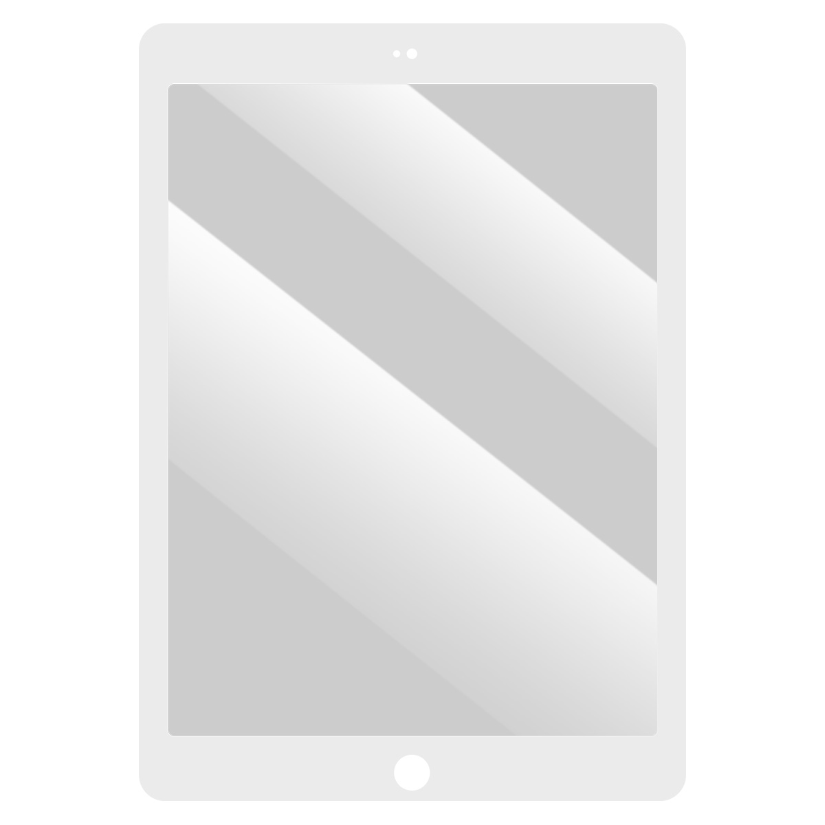 Een grijze tablet met een witte rand. Het scherm toont diagonale licht- en donkergrijze strepen. Onderaan een witte knop.
