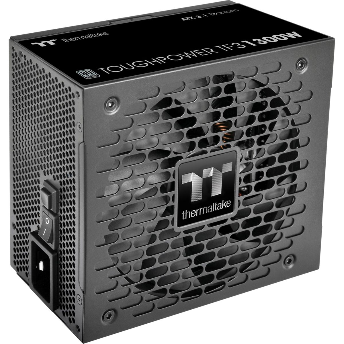 Ein schwarzes Thermaltake Toughpower TF3 1300W Netzteil. Es hat eine perforierte Frontplatte, einen Netzschalter und das Thermaltake-Logo.