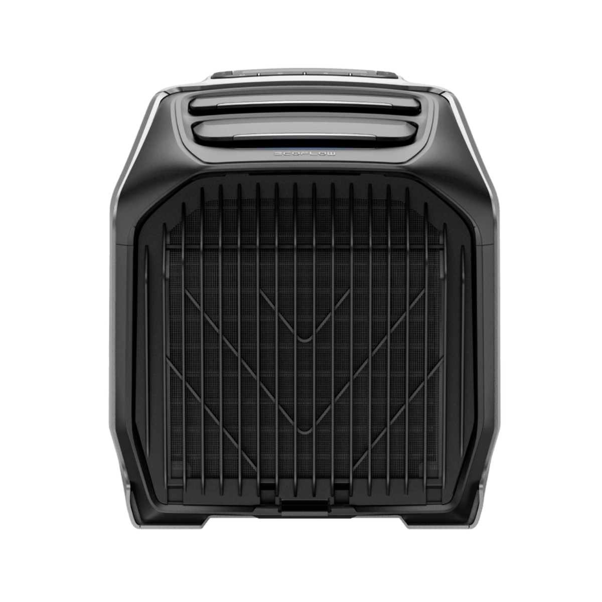 Czarno-szara stacja zasilania EcoFlow. Posiada przedni grill i górę z uchwytem. Tło jest białe.